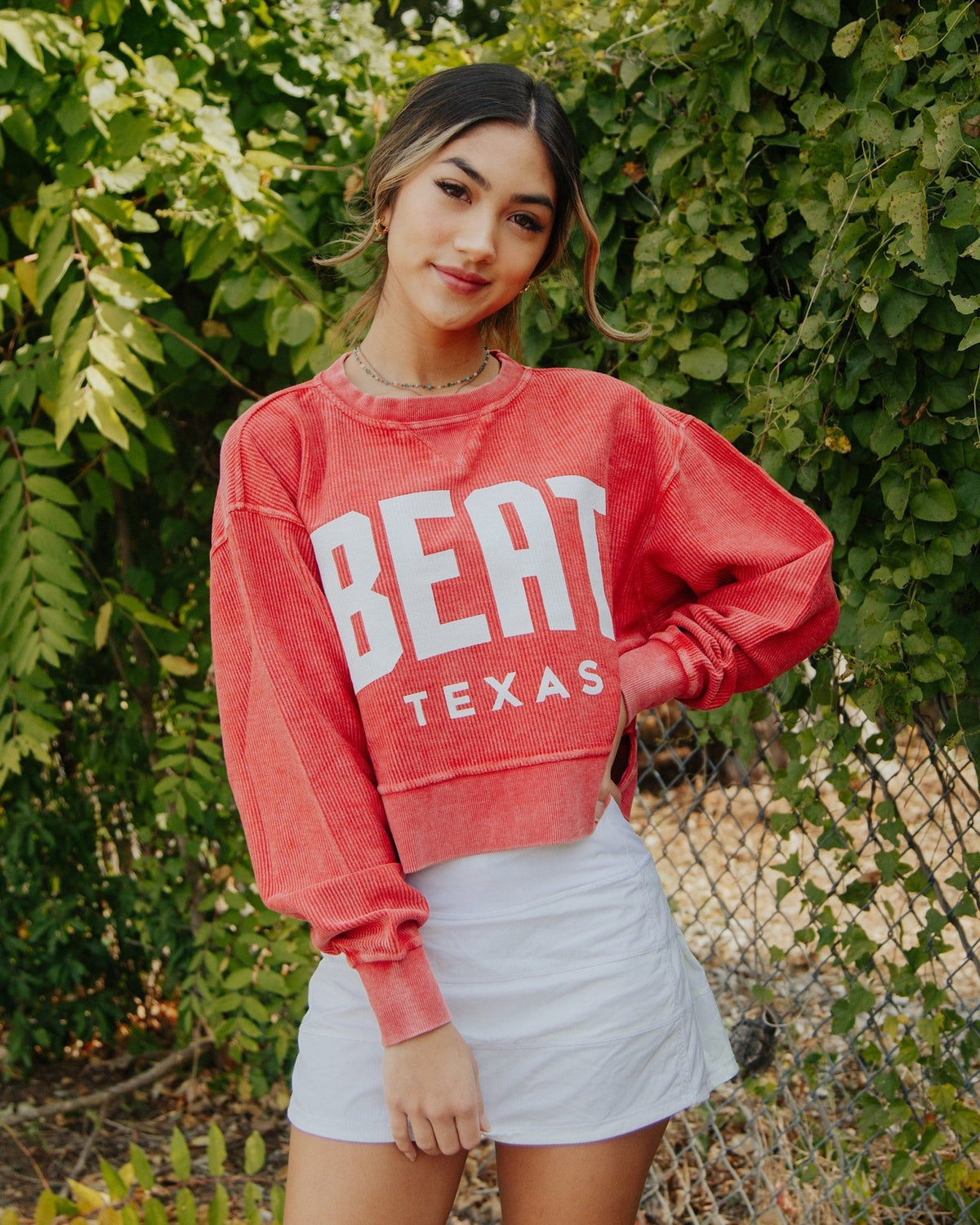 Beat Texas Gault Crimson Corded Crew Cropped Sweatshirt - shoplivylu