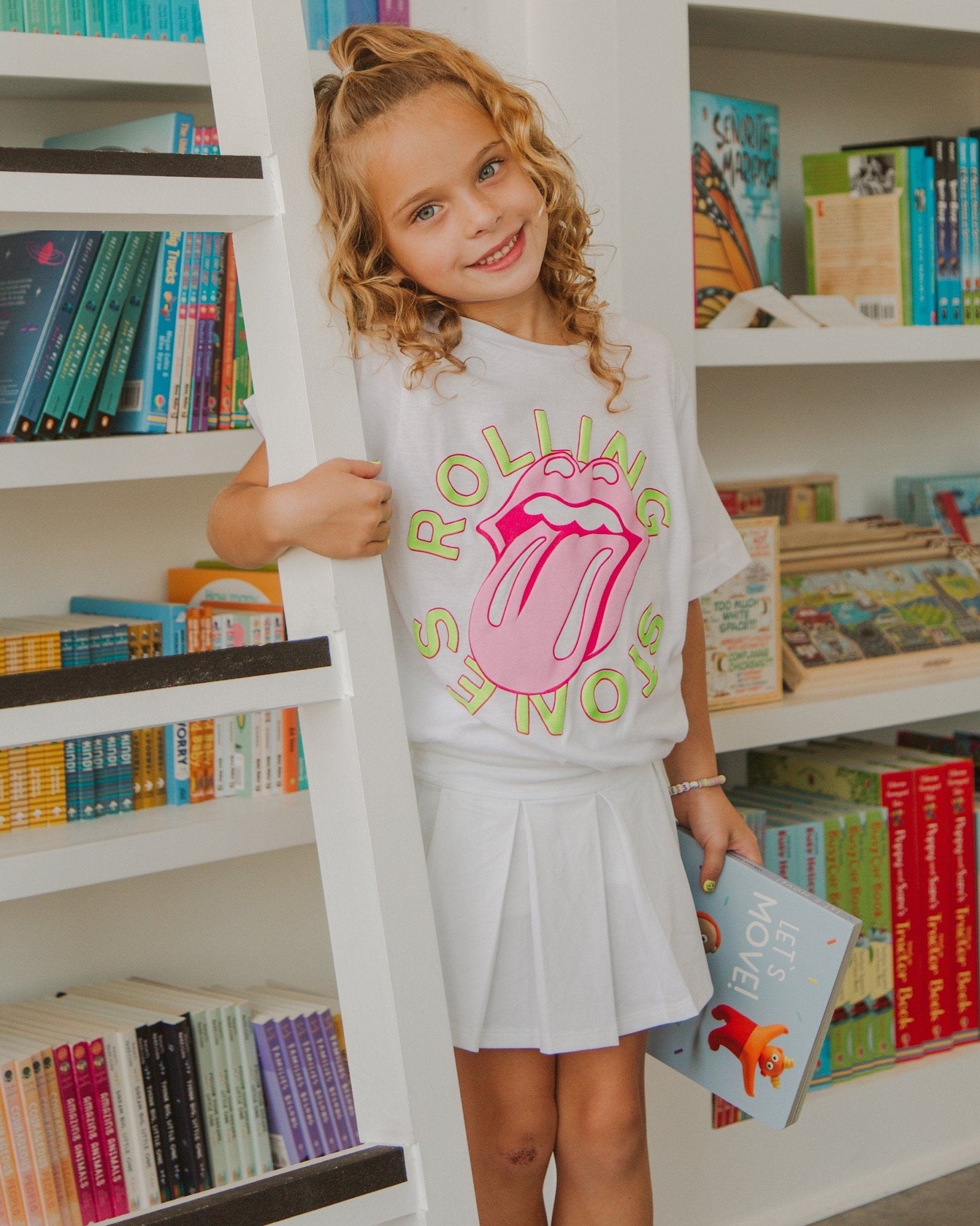 Children's Rolling Stones Neon Puff Classic Lick White Tee - shoplivylu