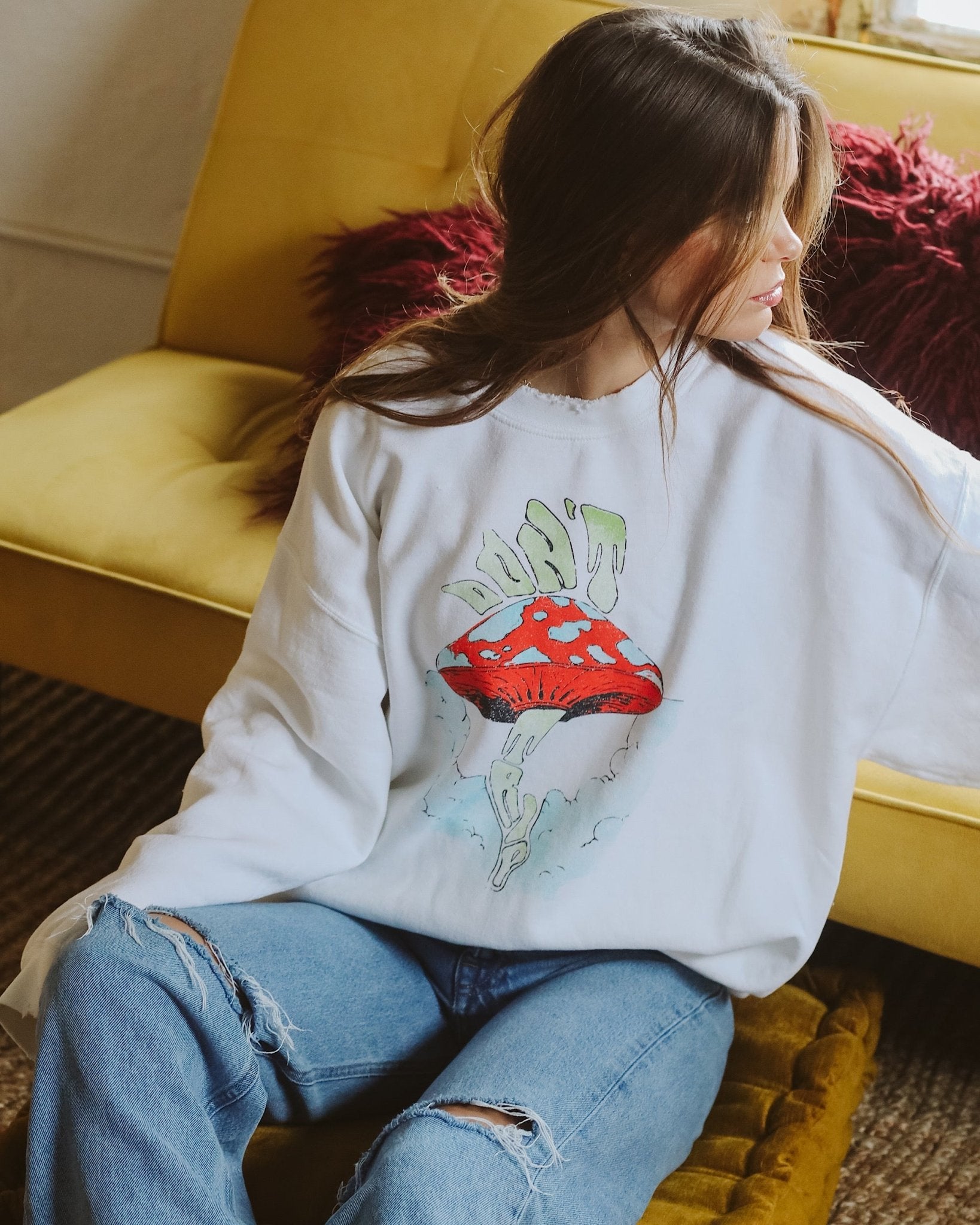 Don't Trip White Thrifted Sweatshirt - shoplivylu