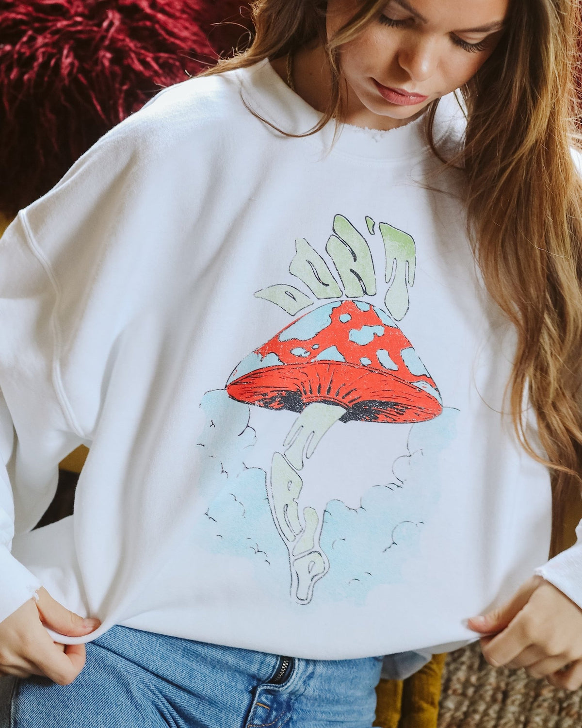 Don't Trip White Thrifted Sweatshirt - shoplivylu