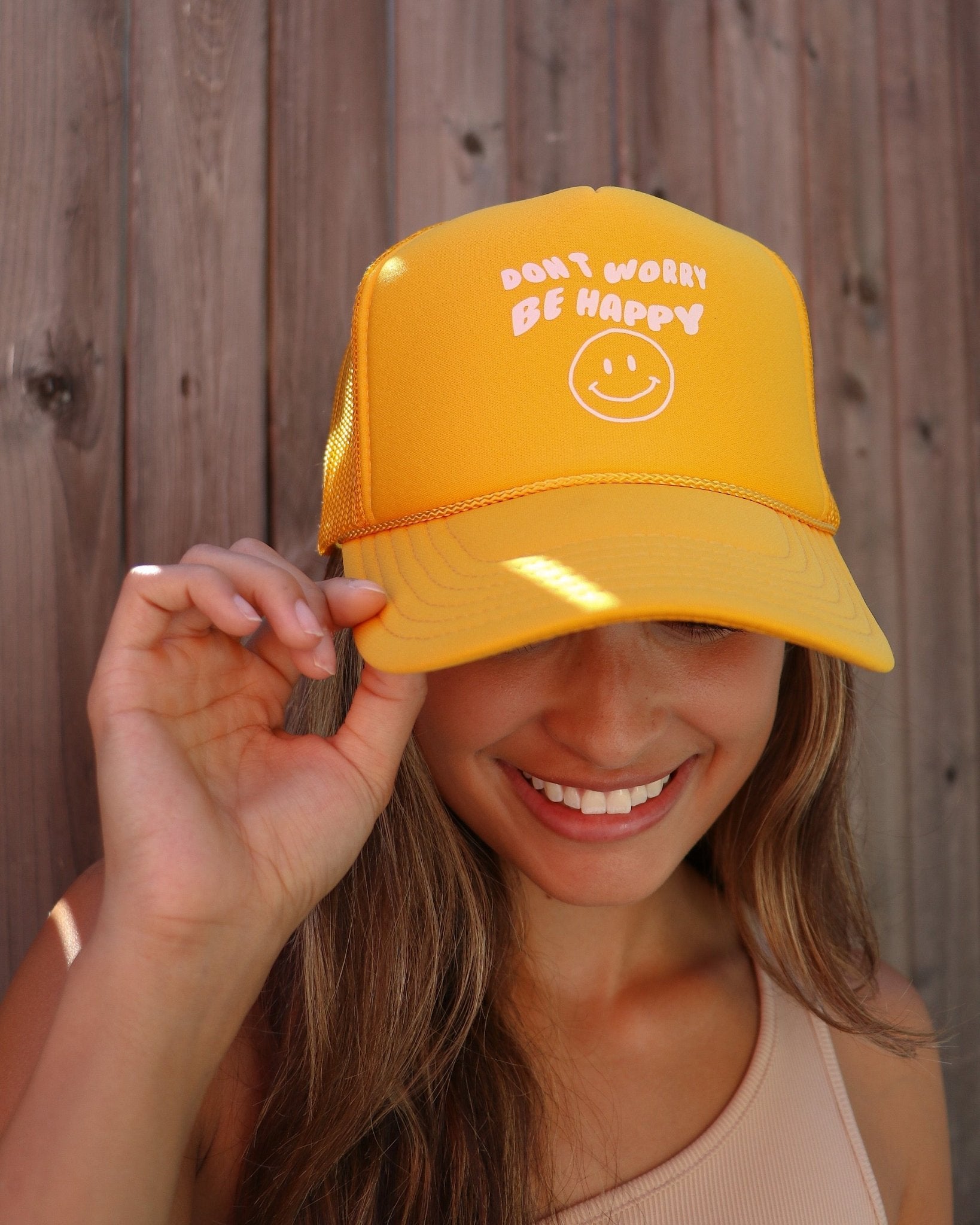 Don't Worry Be Happy Gold Trucker Hat - shoplivylu