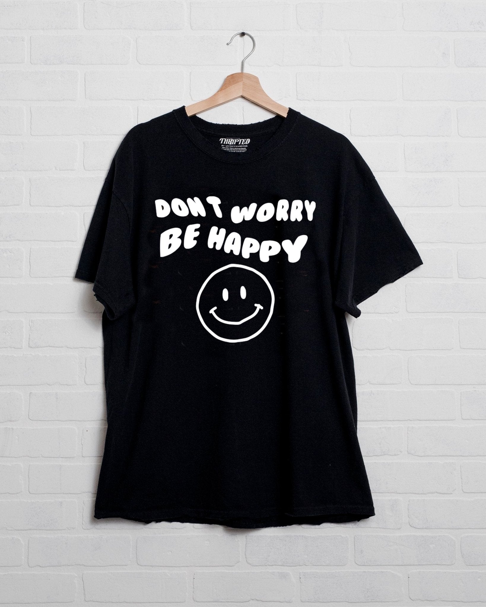 Don't Worry Be Happy Puff Ink Black Thrifted Tee - shoplivylu