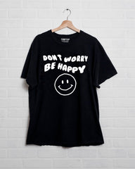 Don't Worry Be Happy Puff Ink Black Thrifted Tee - shoplivylu
