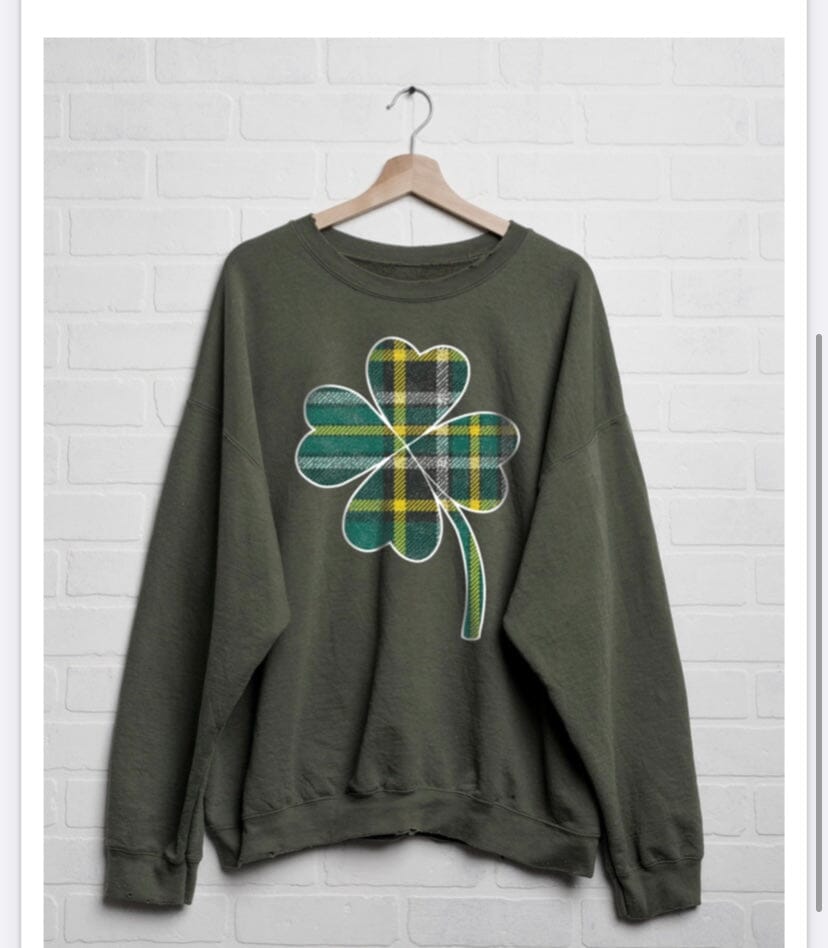 St. Patrick's Day Tartan Clover Green Thrifted Sweatshirt - shoplivylu