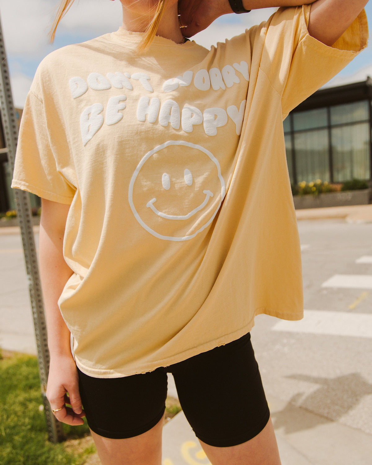 Don't Worry Be Happy Puff Ink Yellow Thrifted Tee - shoplivylu