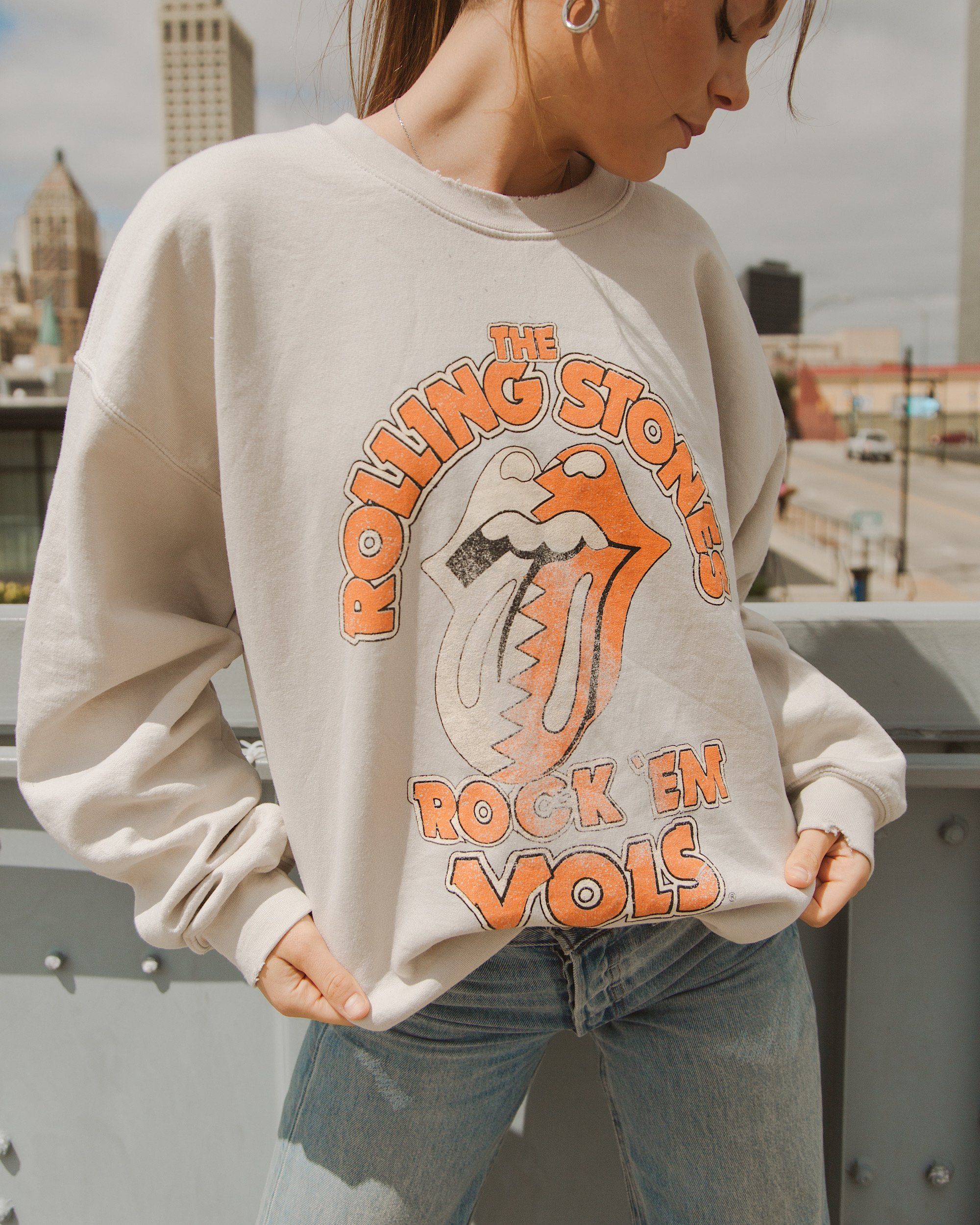 Rolling Stones Rock 'Em Vols Sand Thrifted Sweatshirt - shoplivylu