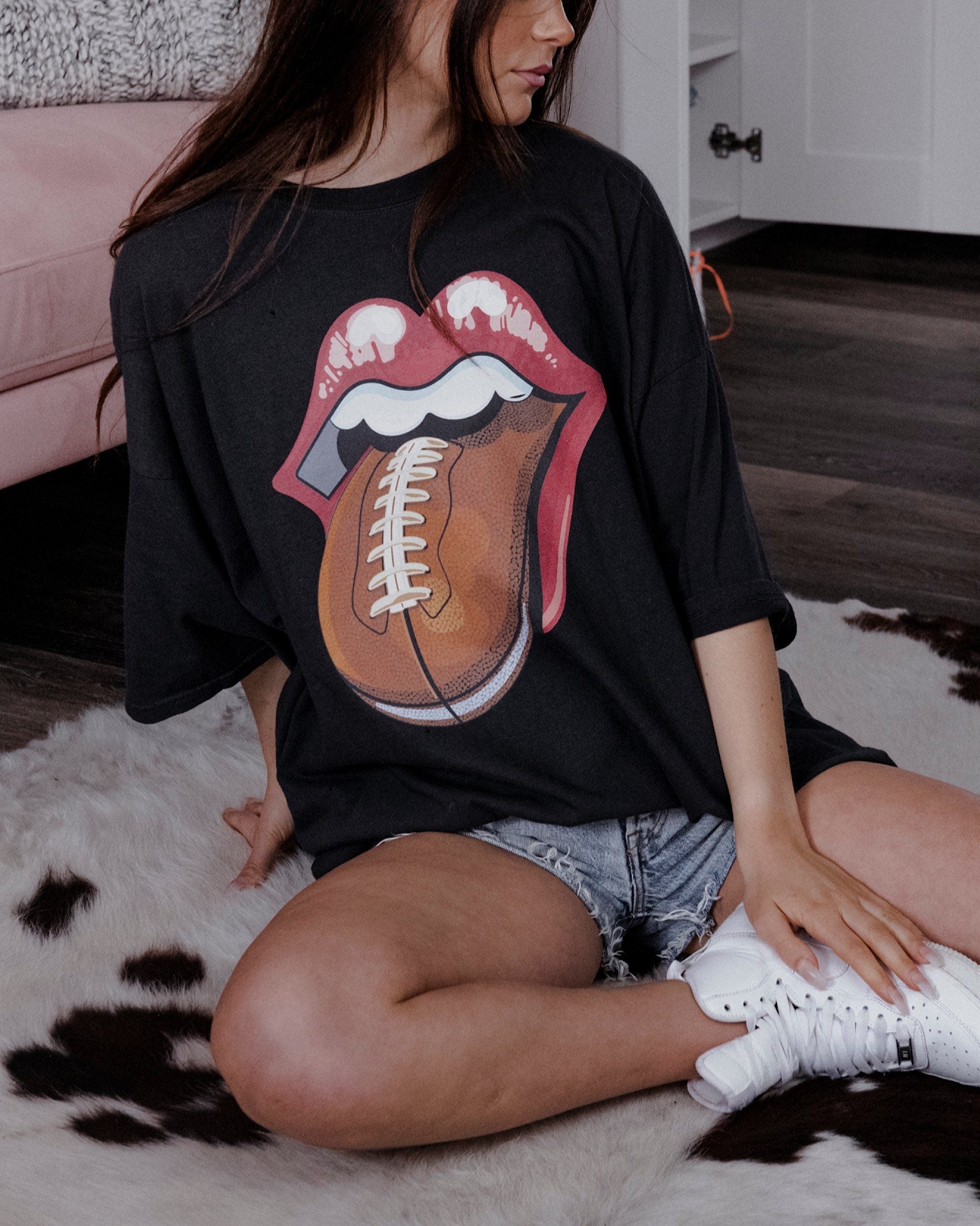 Rolling Stones Football Lick Off Black Oversized Distressed Tee - shoplivylu