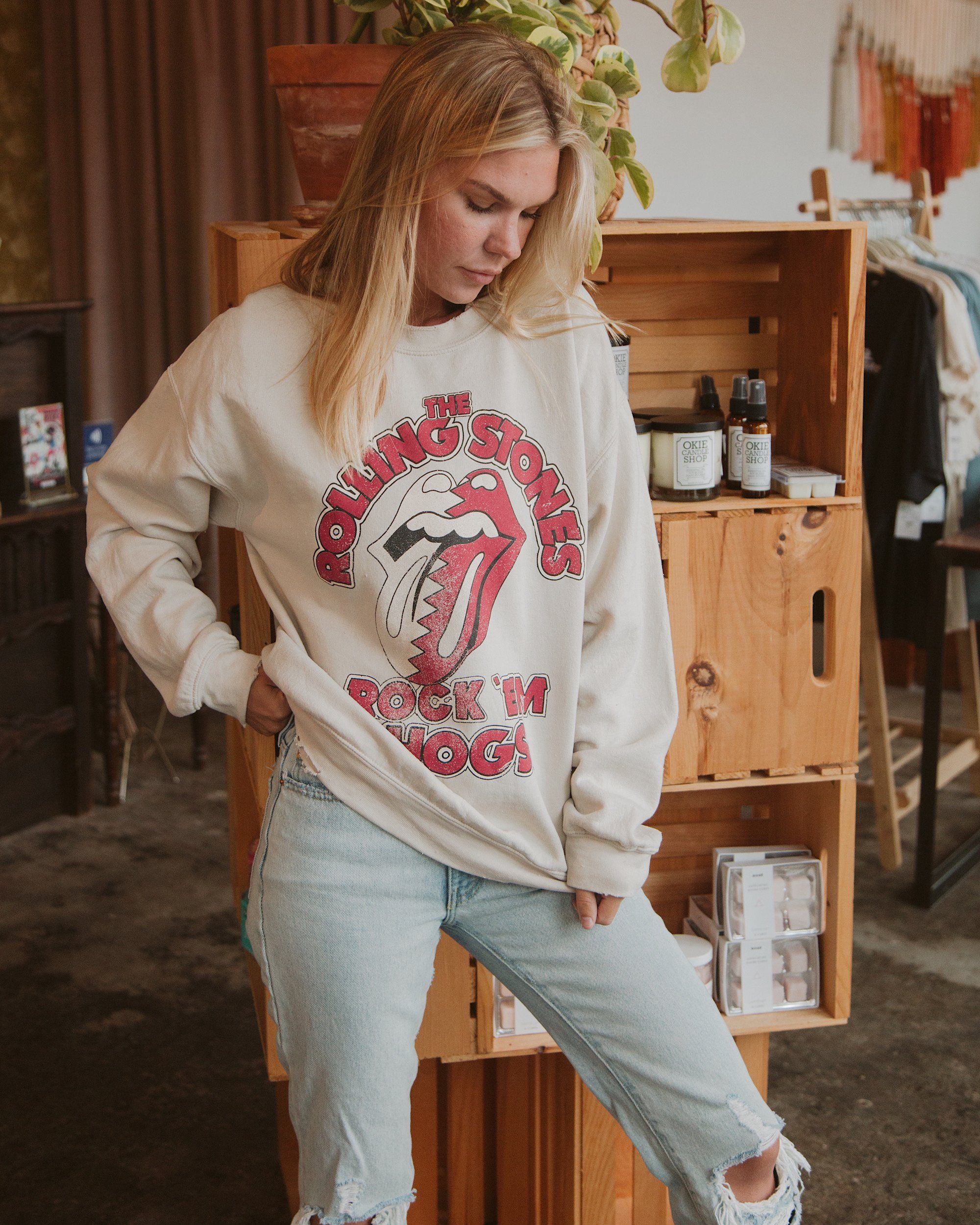 Rolling Stones Rock 'Em Hogs Sand Thrifted Sweatshirt - shoplivylu
