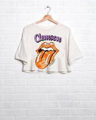 Rolling Stones Clemson Tigers Tie Dye Lick White Cropped Tee - shoplivylu
