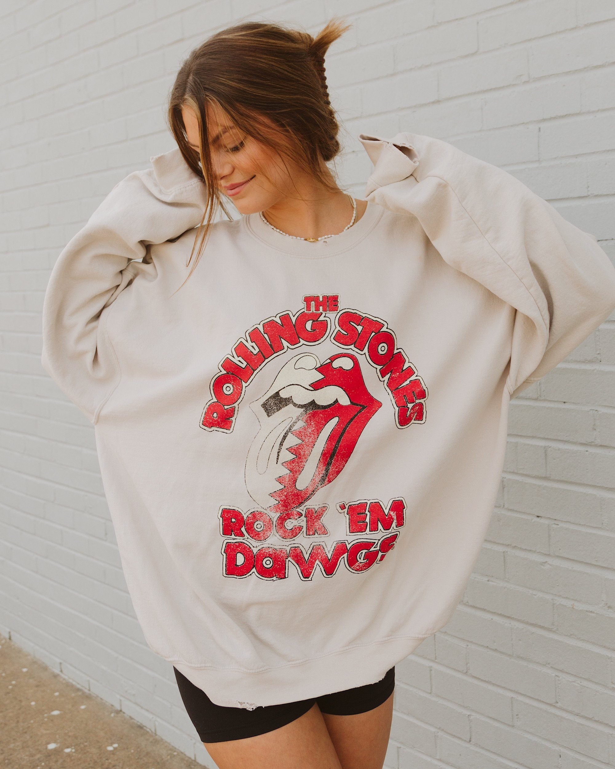 Rolling Stones Rock 'Em Dawgs Sand Thrifted Sweatshirt - shoplivylu
