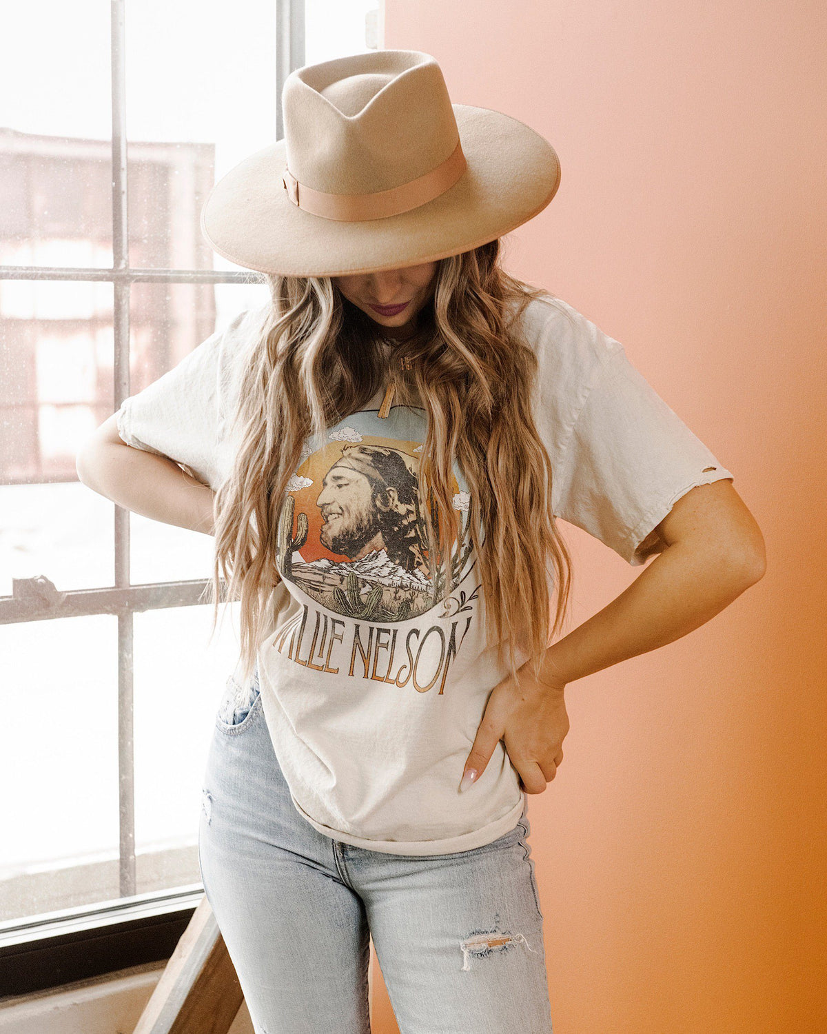 Willie Nelson In The Sky Off White Thrifted Tee - shoplivylu