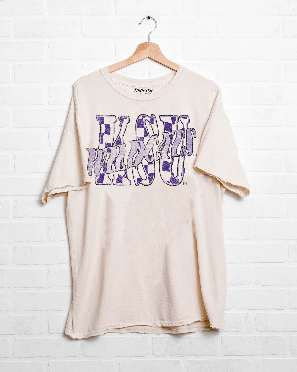 KSU Wildcats Twisted Check Off White Thrifted Tee - shoplivylu
