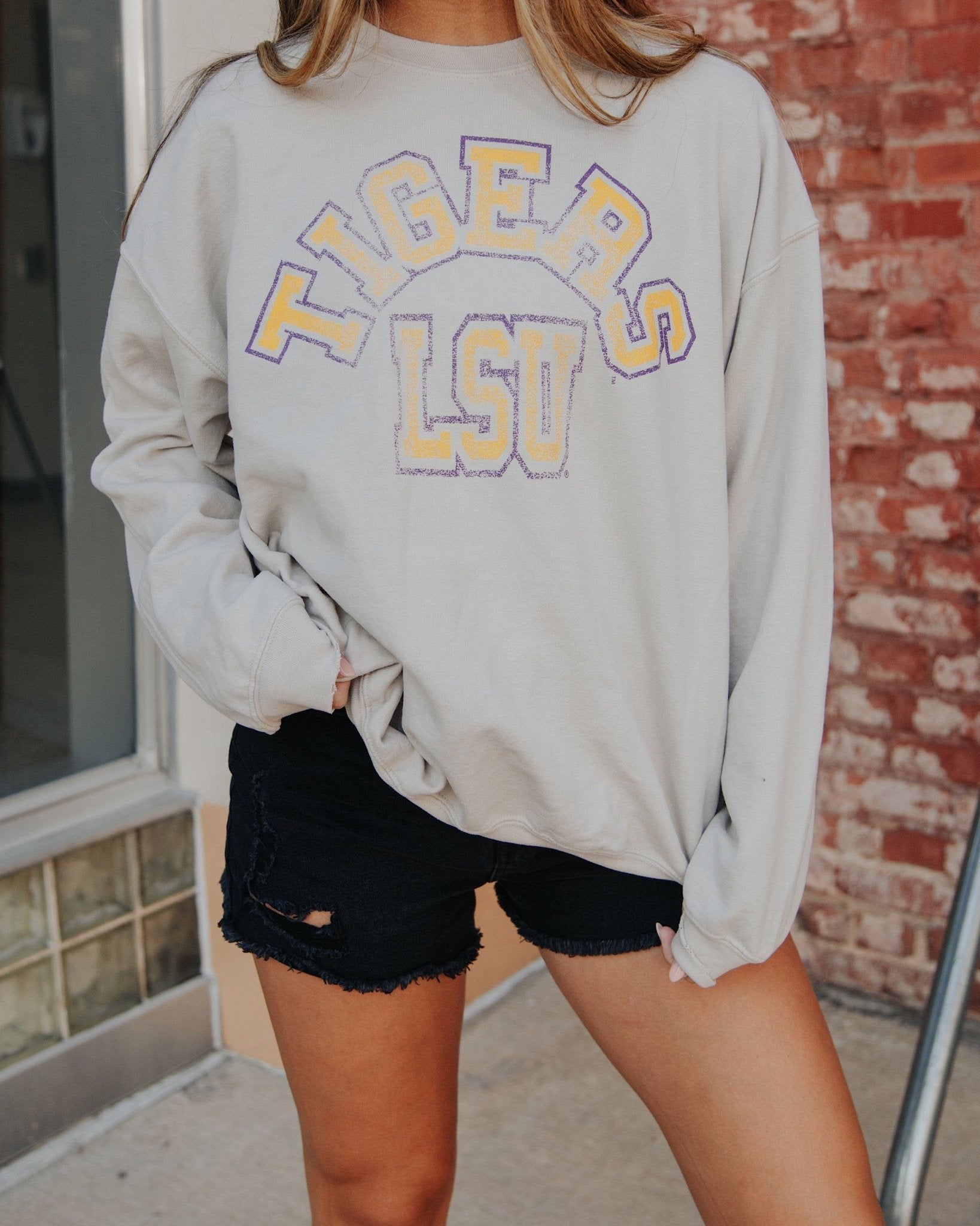 LSU Mega Arch Sand Thrifted Sweatshirt - shoplivylu