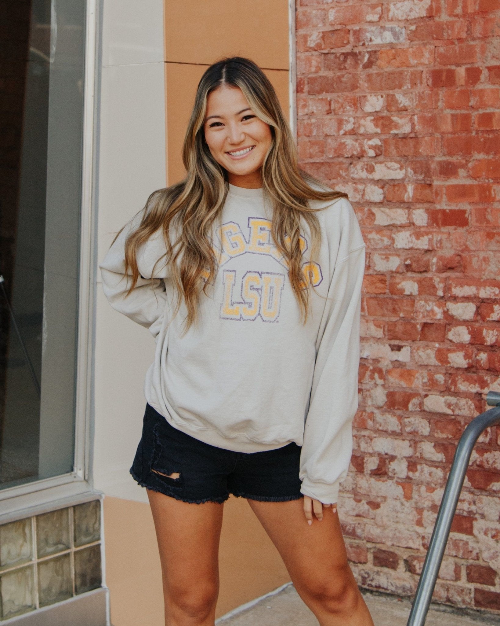 LSU Mega Arch Sand Thrifted Sweatshirt - shoplivylu