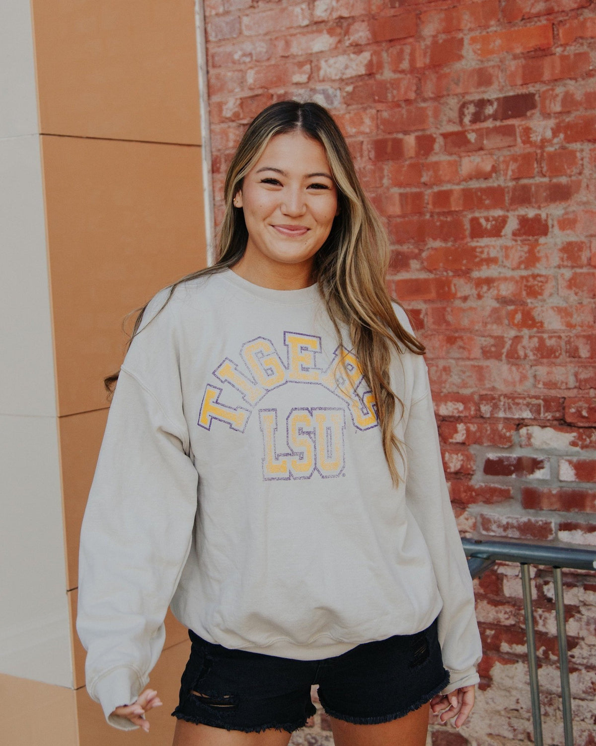 LSU Mega Arch Sand Thrifted Sweatshirt - shoplivylu