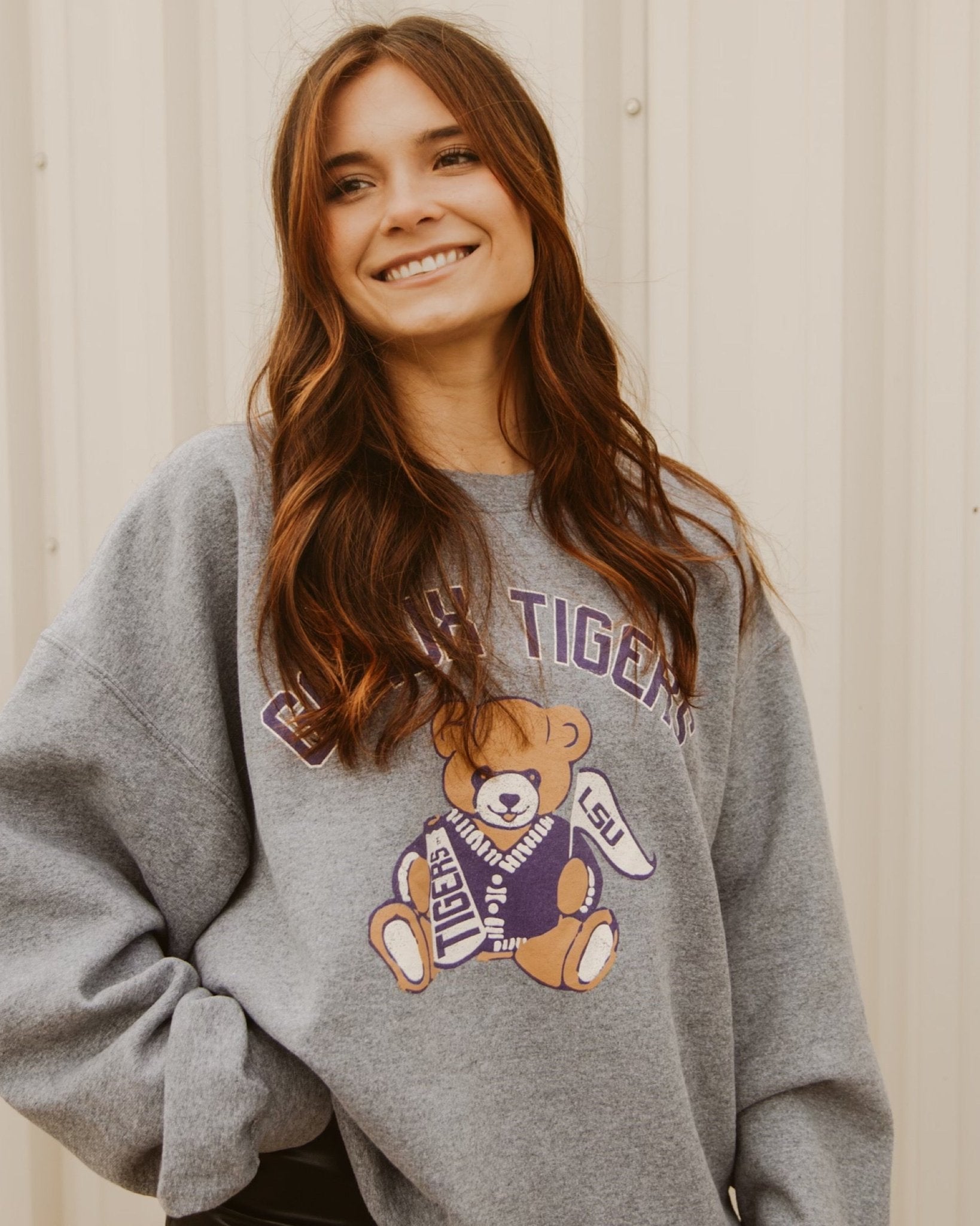 LSU Tigers Bear Gray Thrifted Sweatshirt - shoplivylu