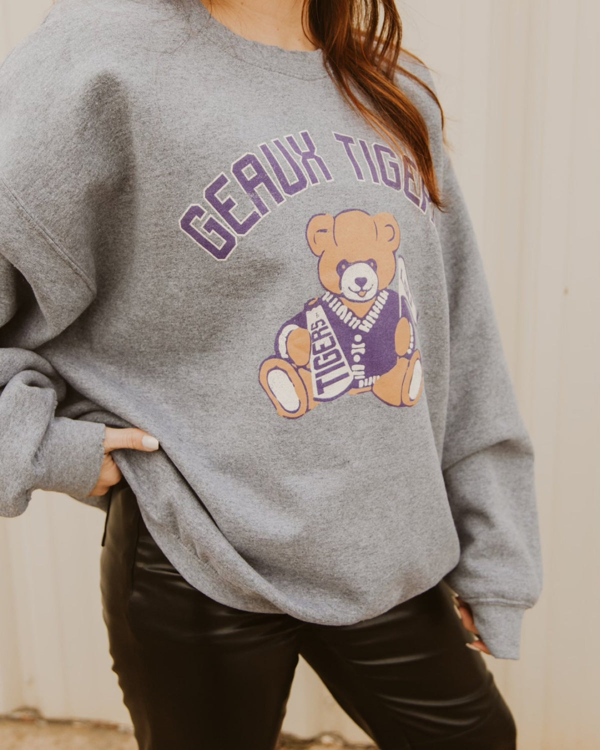 LSU Tigers Bear Gray Thrifted Sweatshirt - shoplivylu