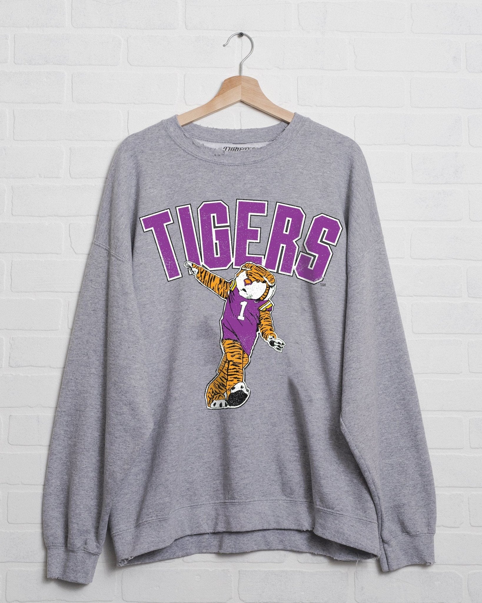 LSU Tigers Cartoon Mascot Gray Thrifted Sweatshirt - shoplivylu