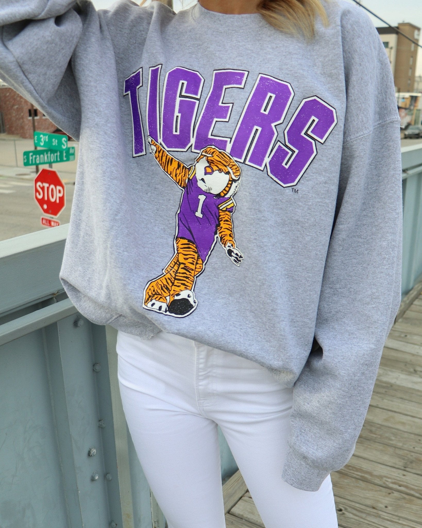 LSU Tigers Cartoon Mascot Gray Thrifted Sweatshirt - shoplivylu