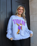 LSU Tigers Cartoon Mascot Puff Ink Gray Thrifted Sweatshirt