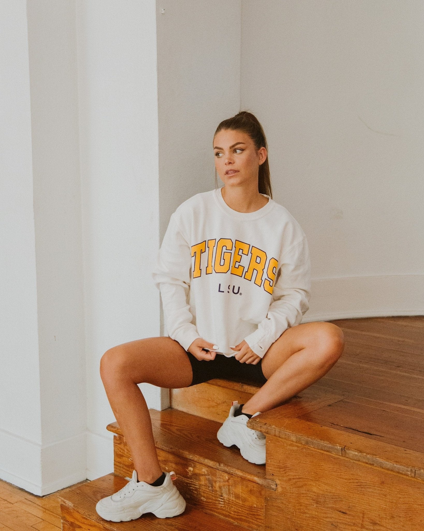 LSU Tigers Filled Gault Ivory Corded Crew Sweatshirt - shoplivylu