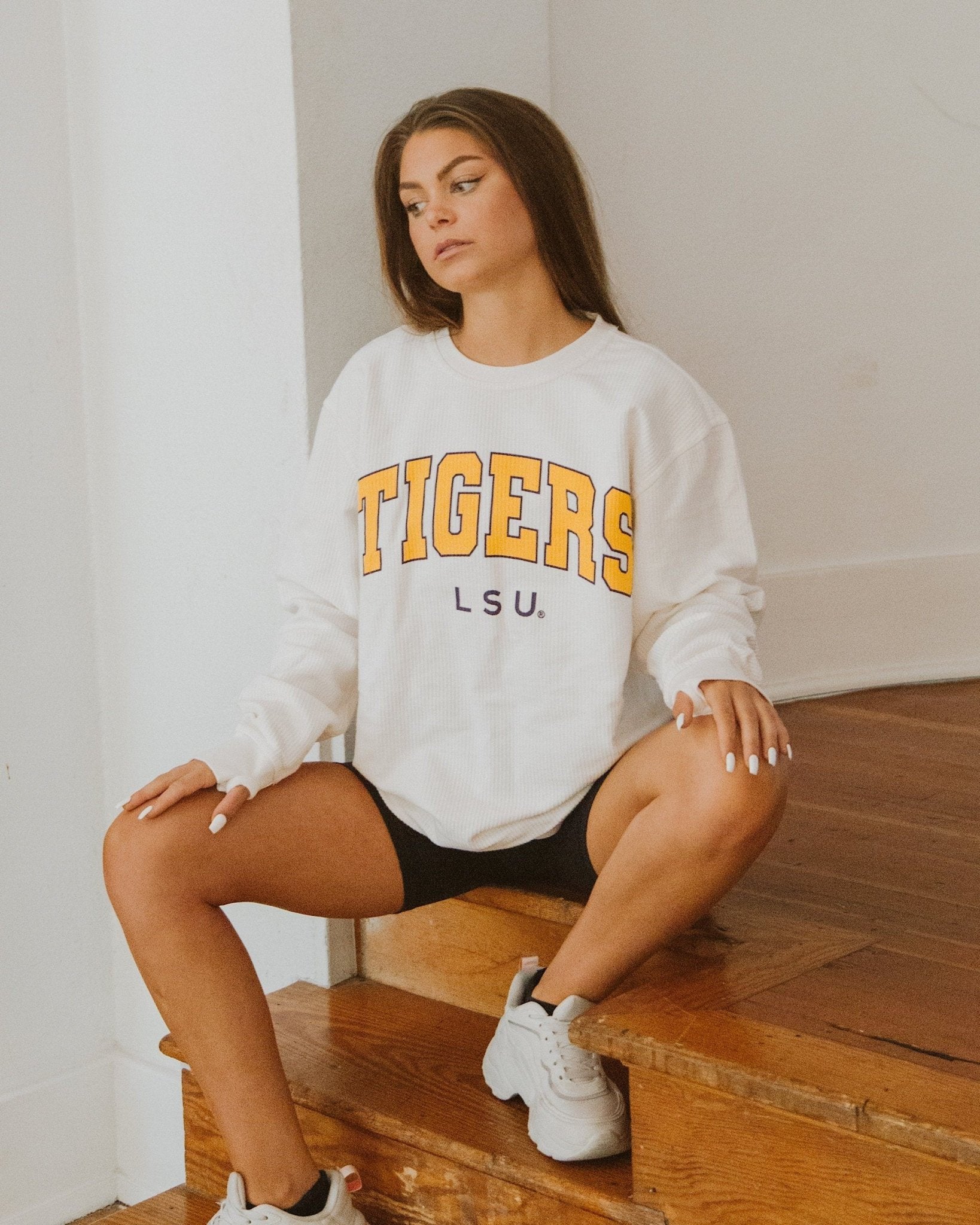 LSU Tigers Filled Gault Ivory Corded Crew Sweatshirt - shoplivylu