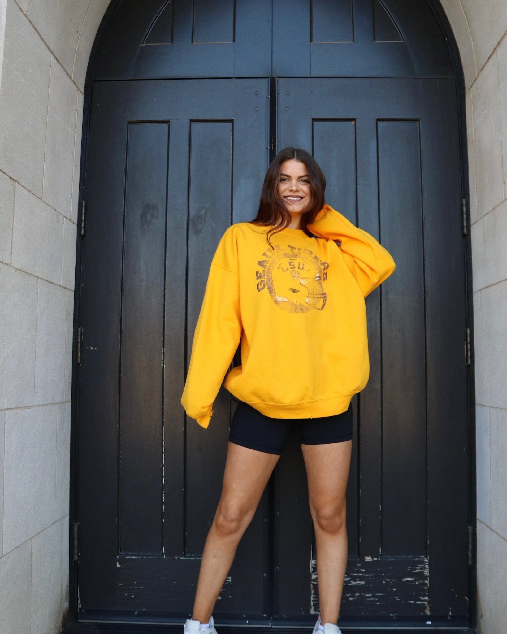 LSU Tigers Helmet Circle Gold Thrifted Sweatshirt - shoplivylu
