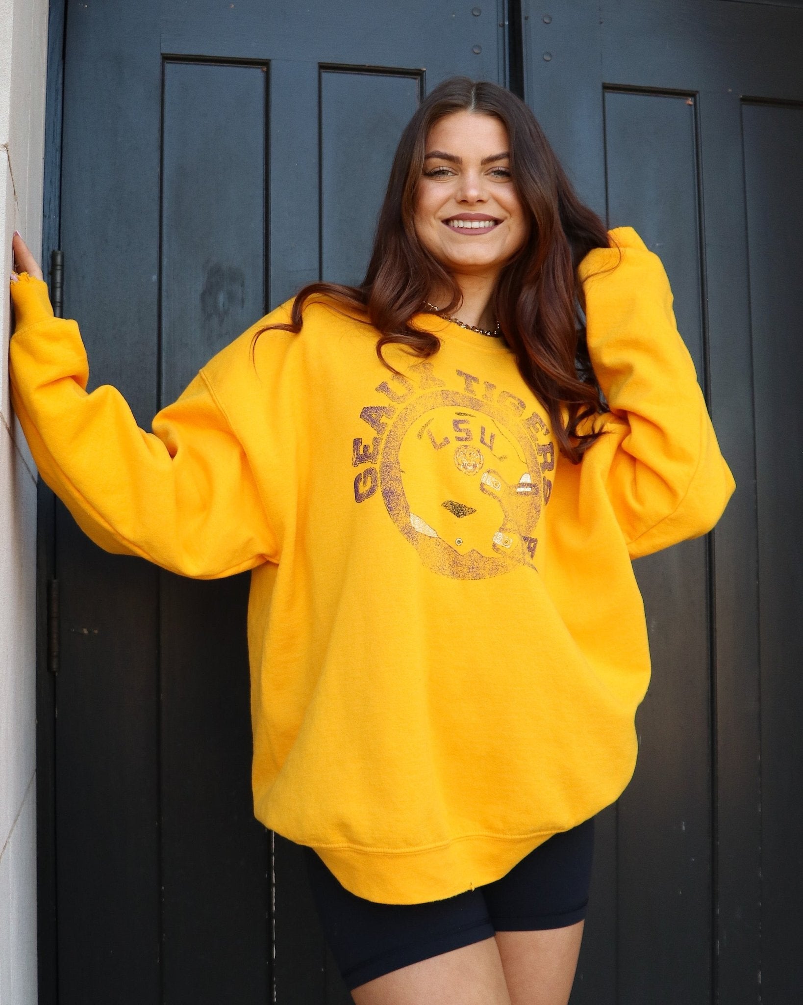 LSU Tigers Helmet Circle Gold Thrifted Sweatshirt - shoplivylu