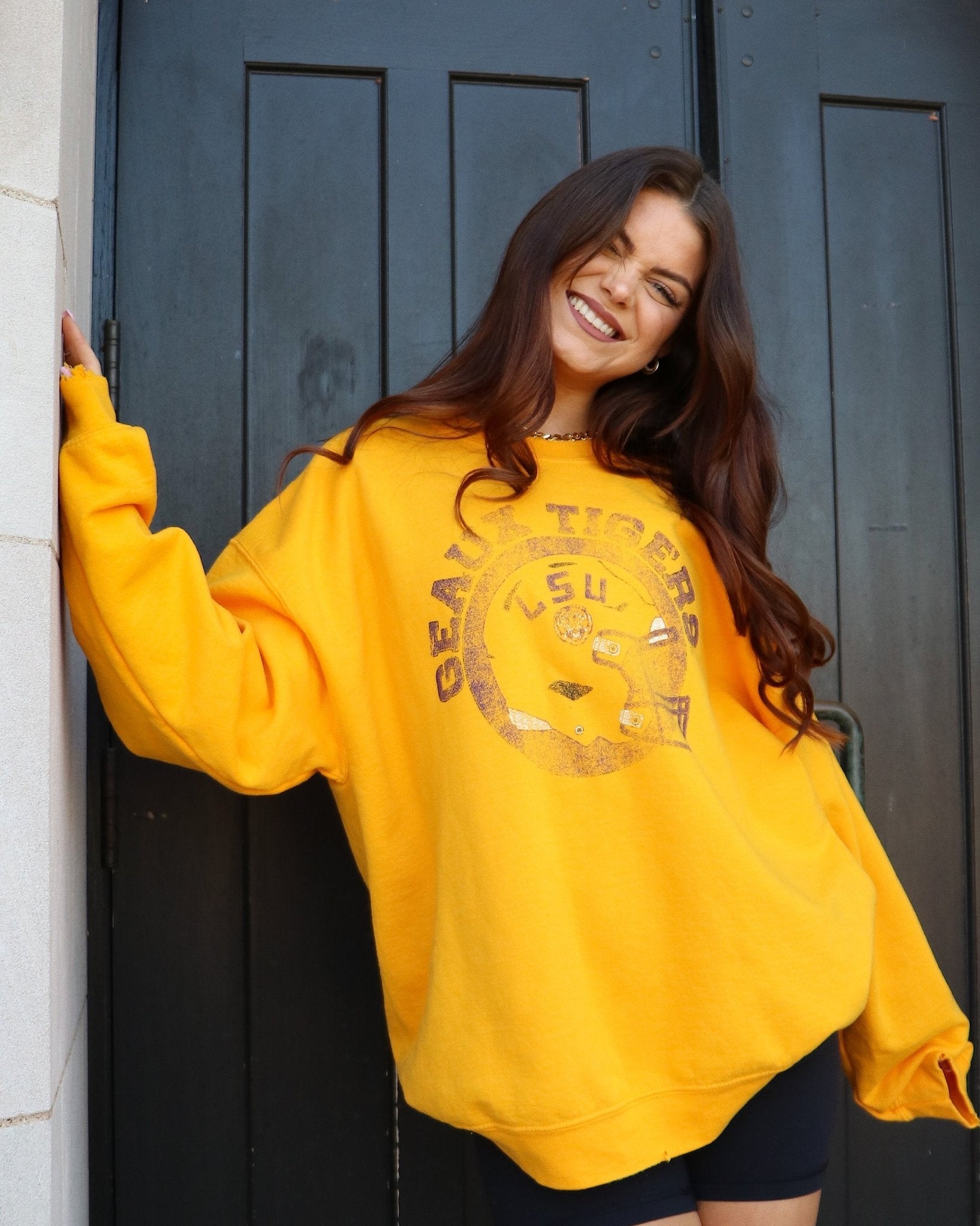 LSU Tigers Helmet Circle Gold Thrifted Sweatshirt - shoplivylu
