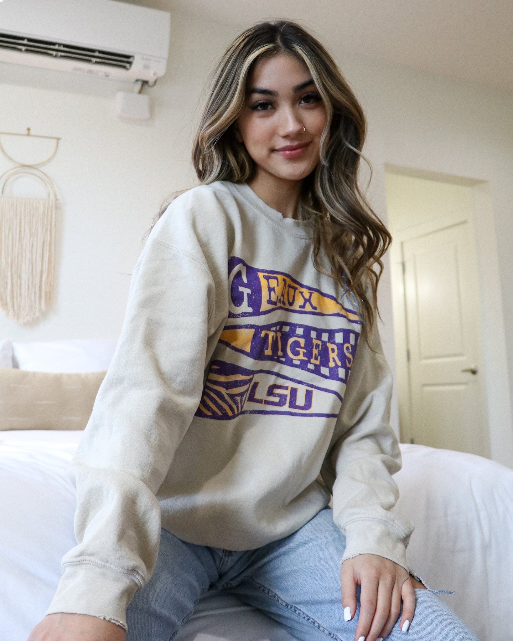 LSU Tigers Pennant Sand Thrifted Sweatshirt - shoplivylu