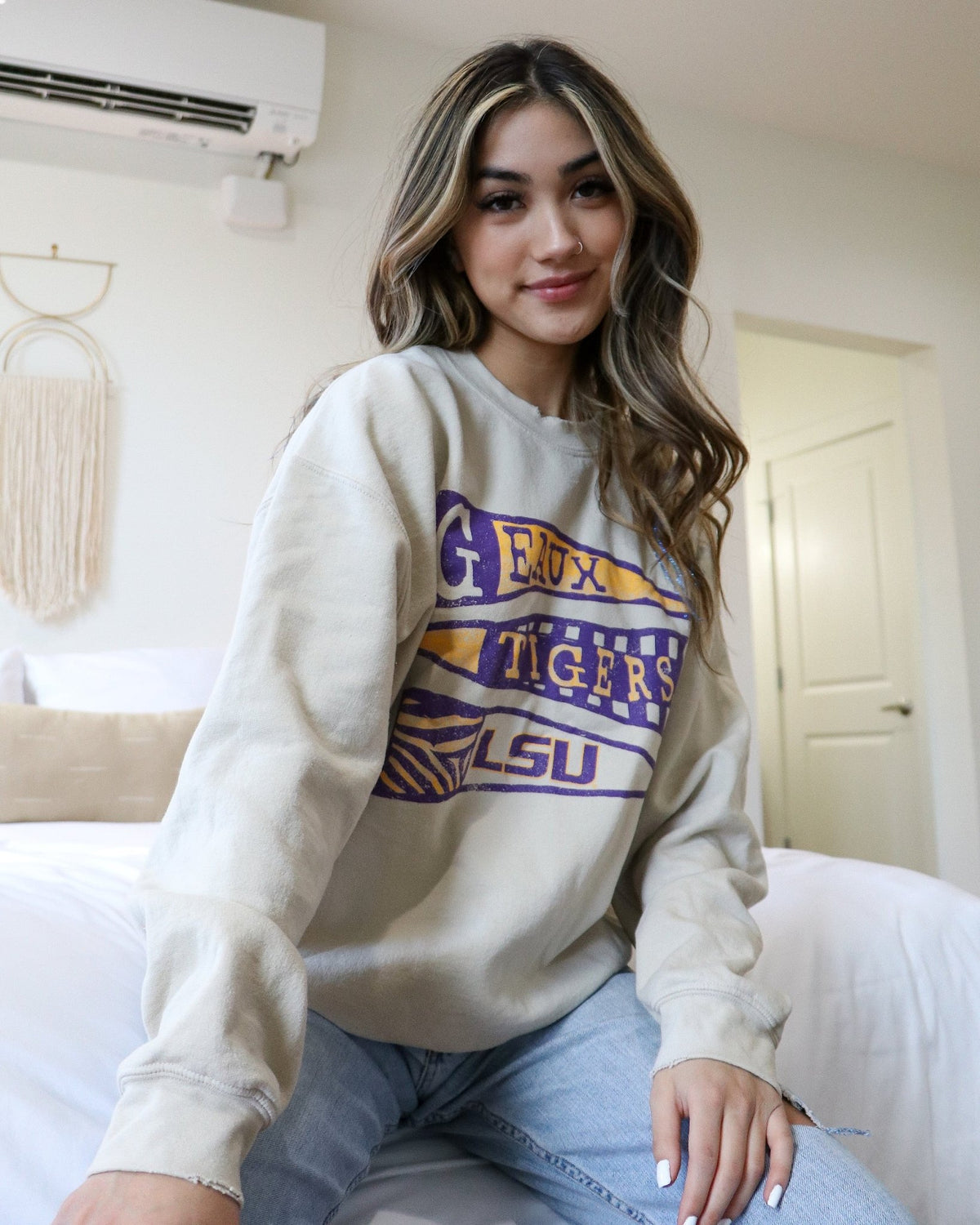 LSU Tigers Pennant Sand Thrifted Sweatshirt - shoplivylu
