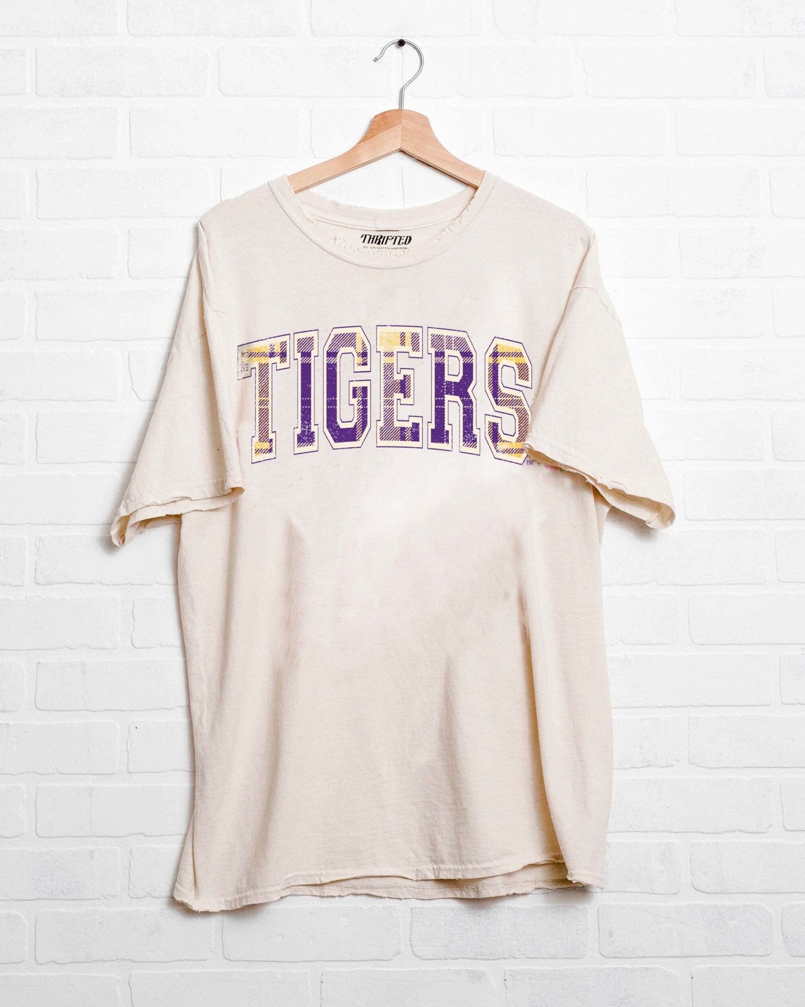 LSU Tigers Tartan Off White Thrifted Tee - shoplivylu