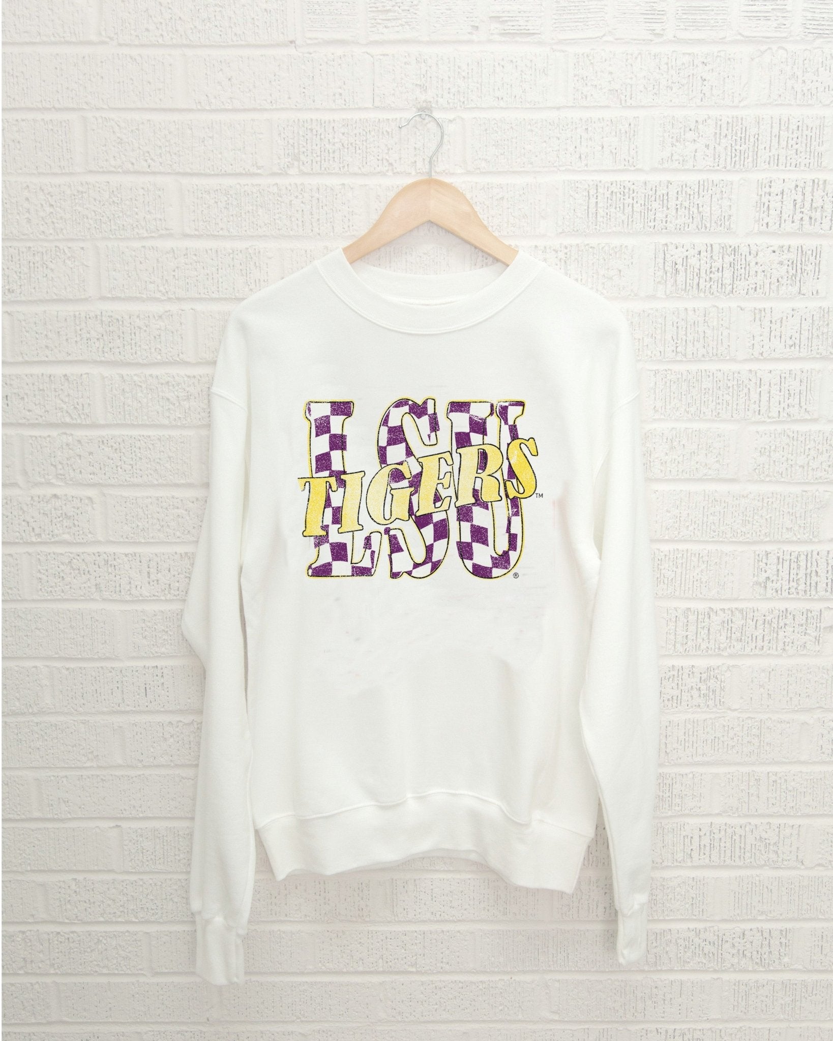 LSU Tigers Twisted Check White Thrifted Sweatshirt - shoplivylu