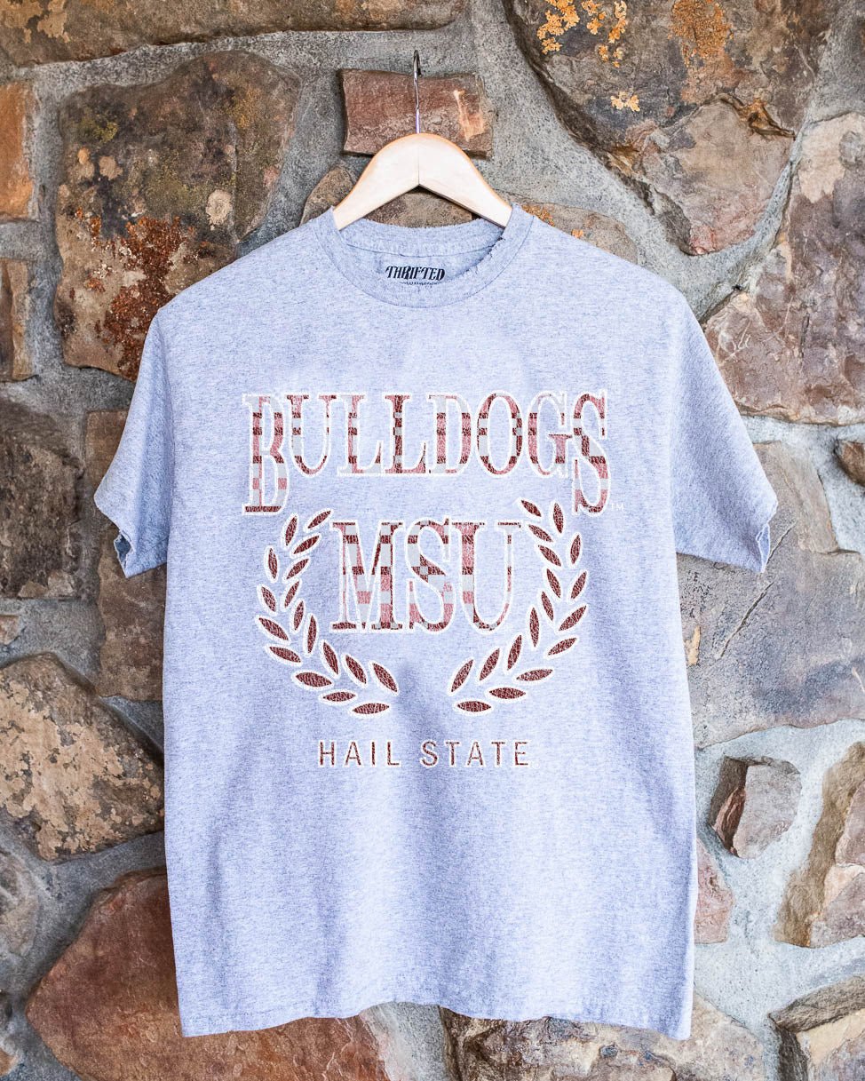 MSU Bulldogs Plaid Crest Gray Thrifted Tee - shoplivylu