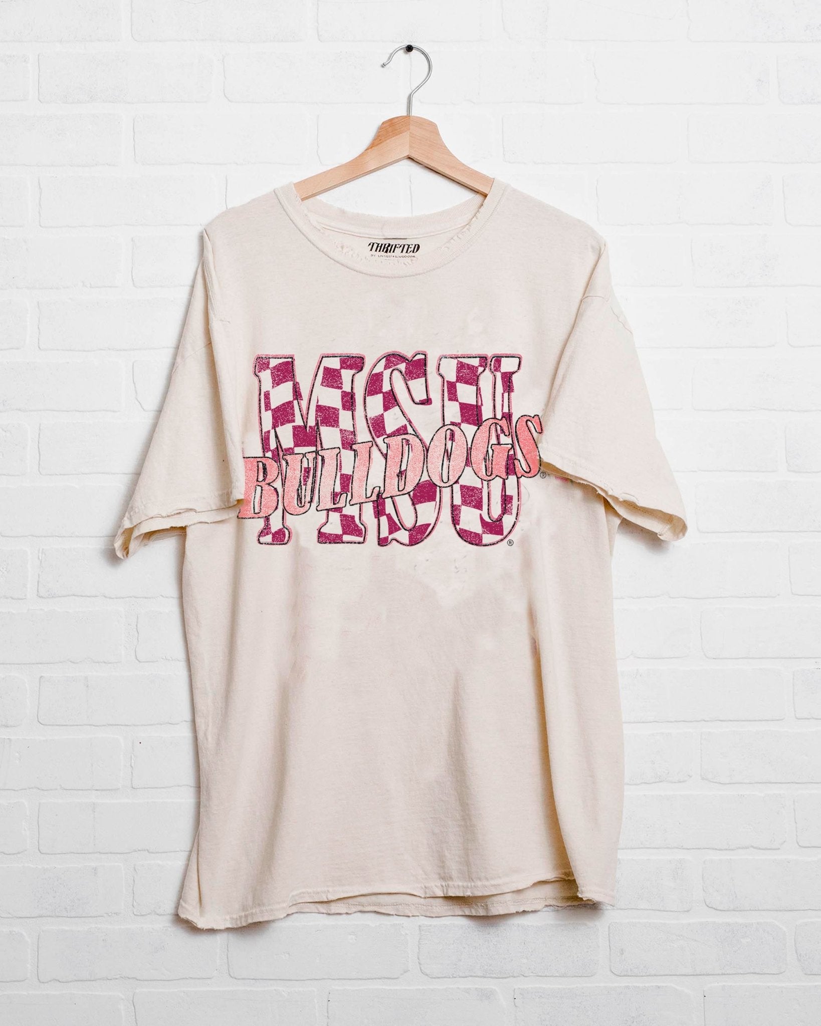 MSU Bulldogs Twisted Check Off White Thrifted Tee - shoplivylu