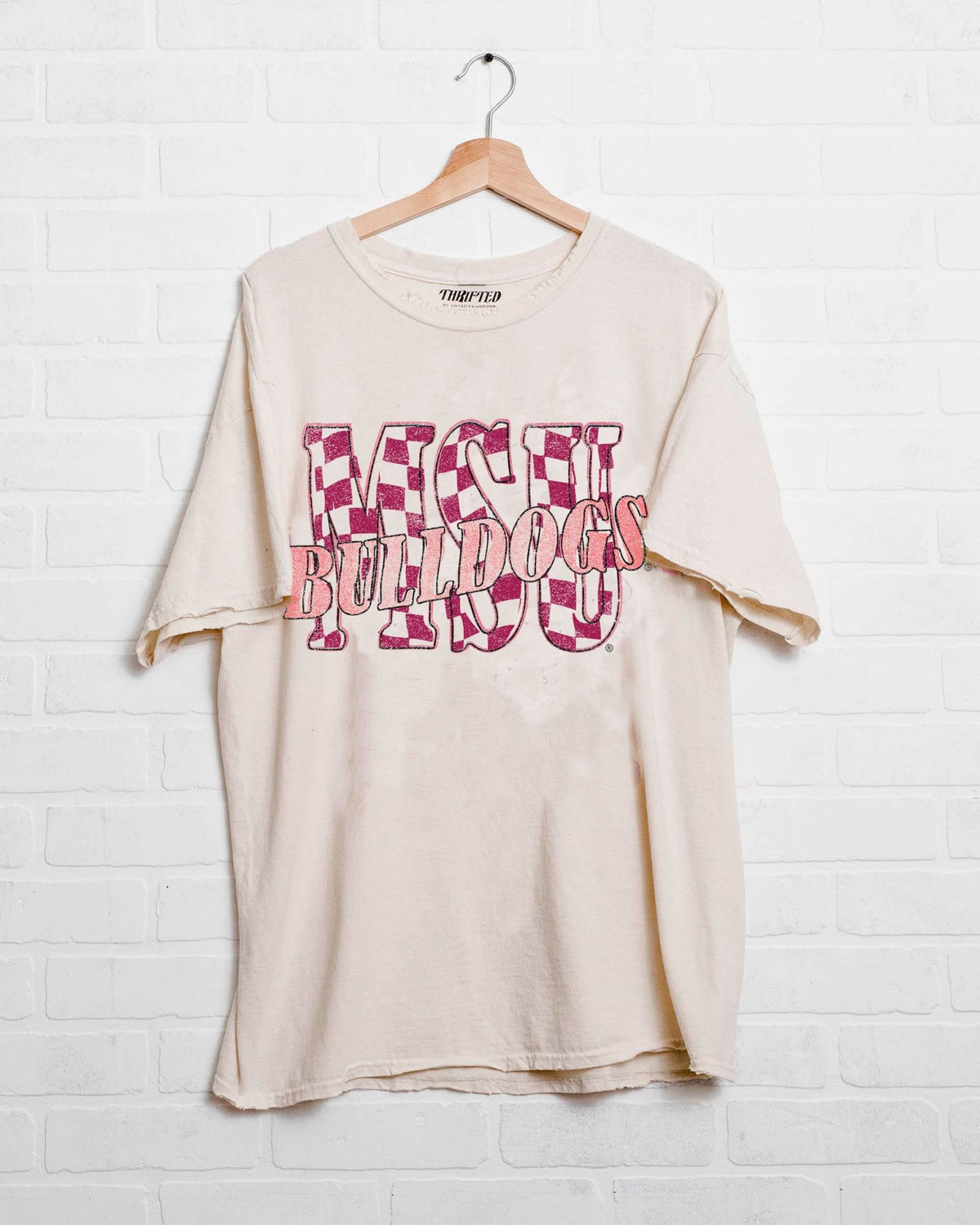 MSU Bulldogs Twisted Check Off White Thrifted Tee - shoplivylu