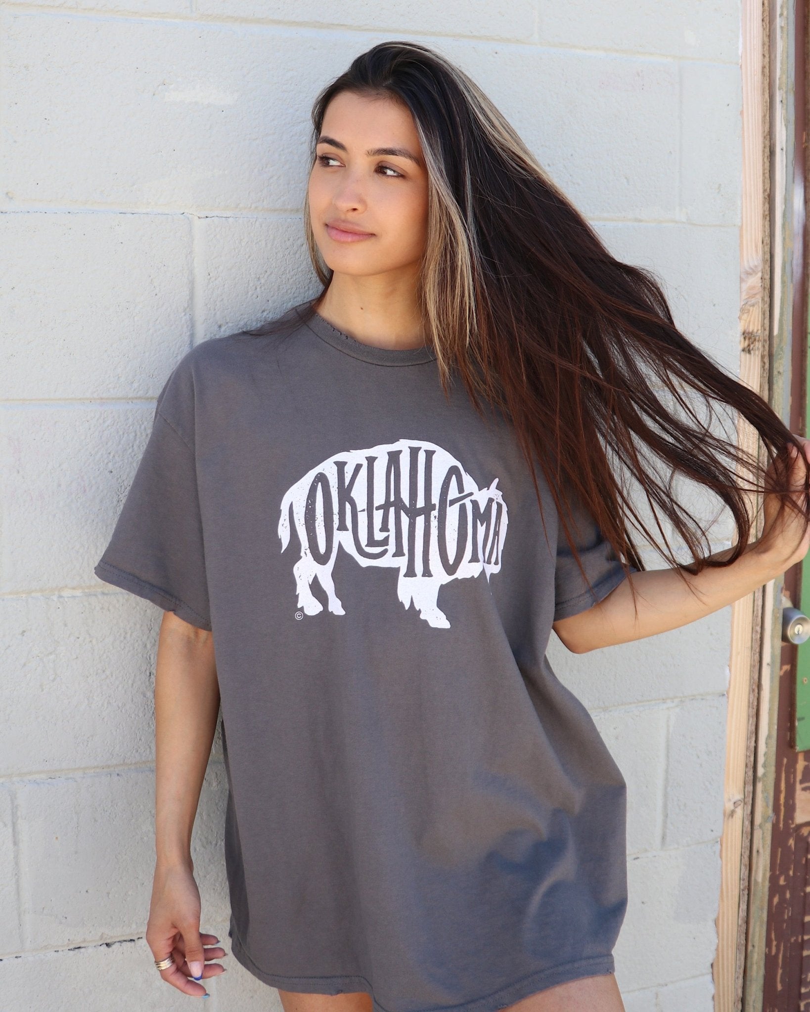 Oklahoma Bison Charcoal Thrifted Tee - shoplivylu