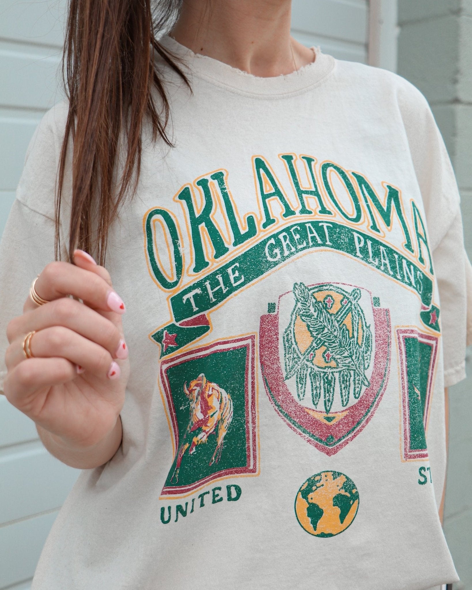 Oklahoma Patch Off White Thrifted Tee - shoplivylu