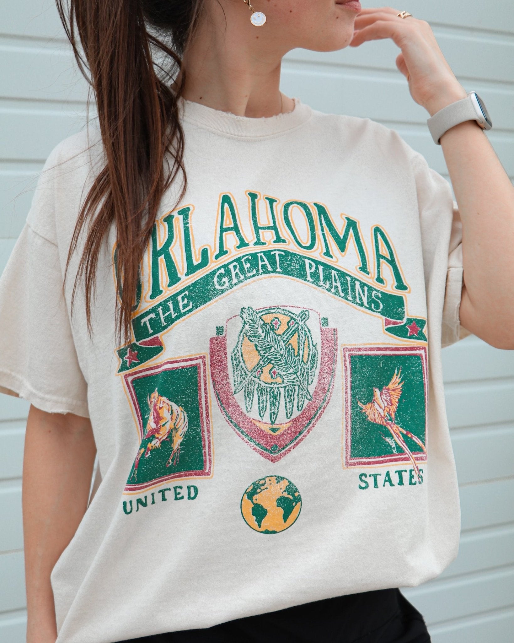 Oklahoma Patch Off White Thrifted Tee - shoplivylu