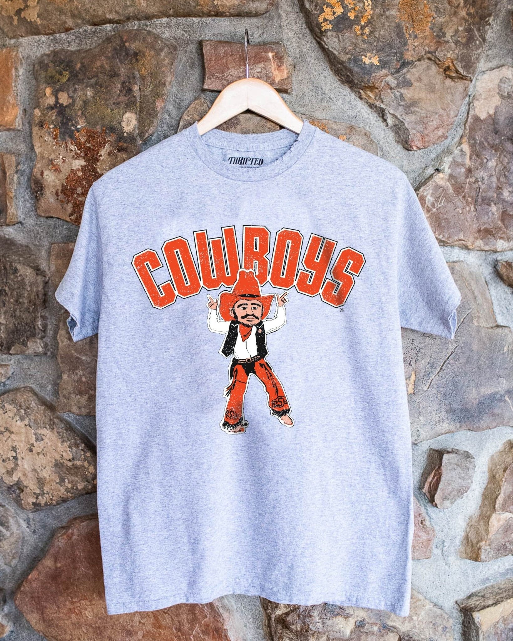 OSU Cowboys Cartoon Mascot Gray Thrifted Tee - shoplivylu