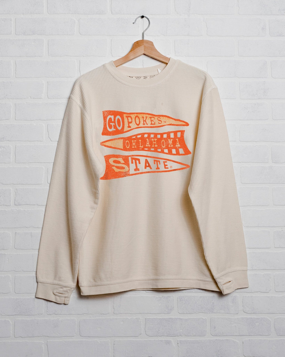 OSU Cowboys Pennant Ivory Corded Crew Sweatshirt - shoplivylu