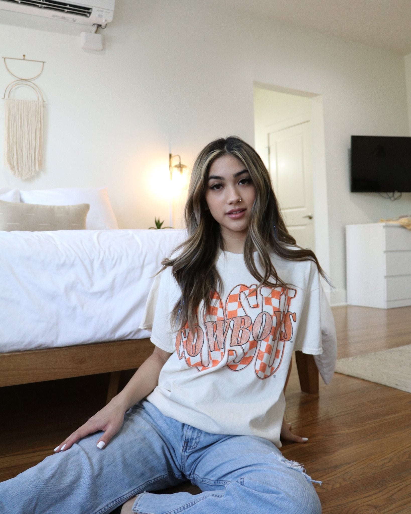 OSU Cowboys Twisted Check Off White Thrifted Tee - shoplivylu