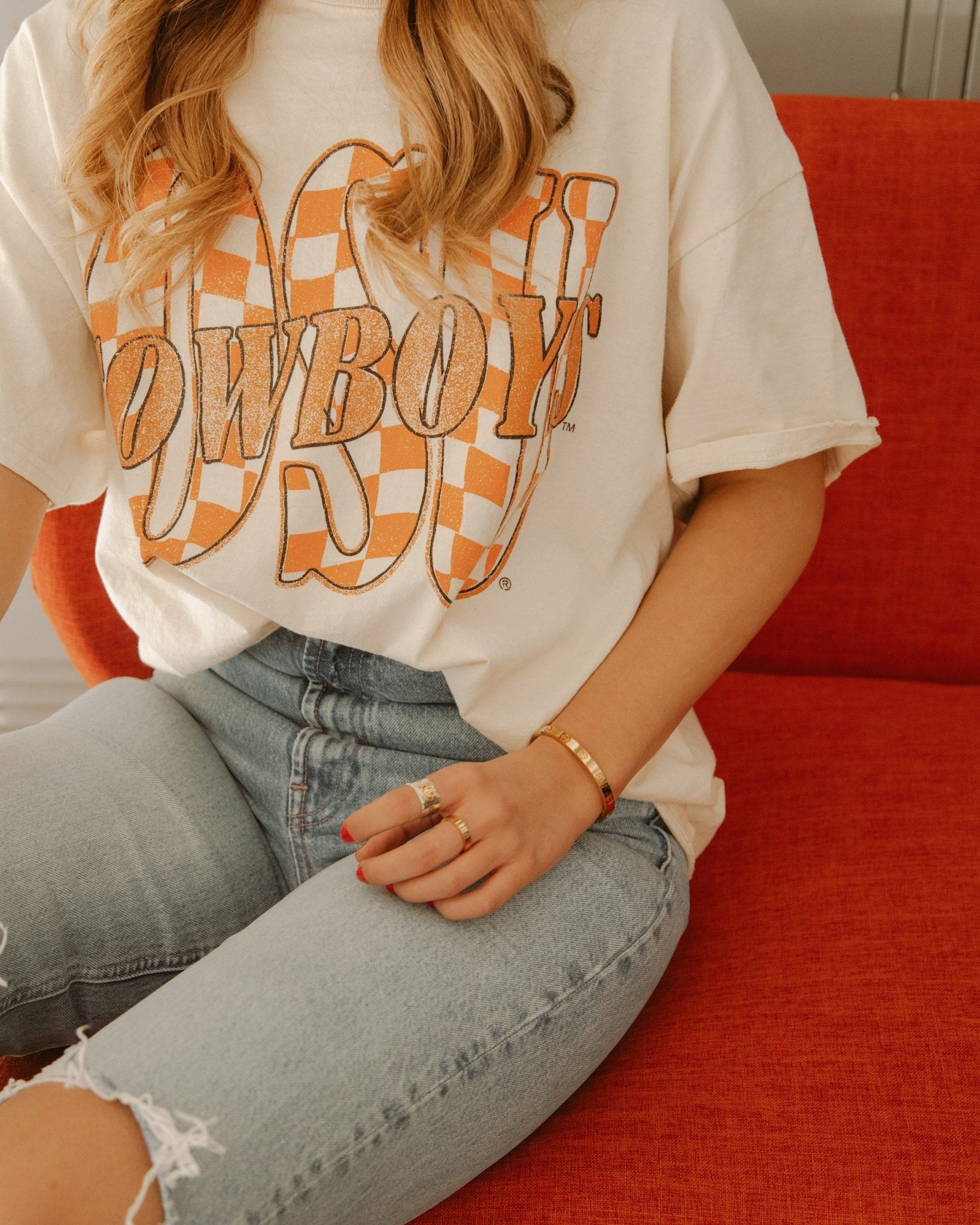 OSU Cowboys Twisted Check Off White Thrifted Tee - shoplivylu