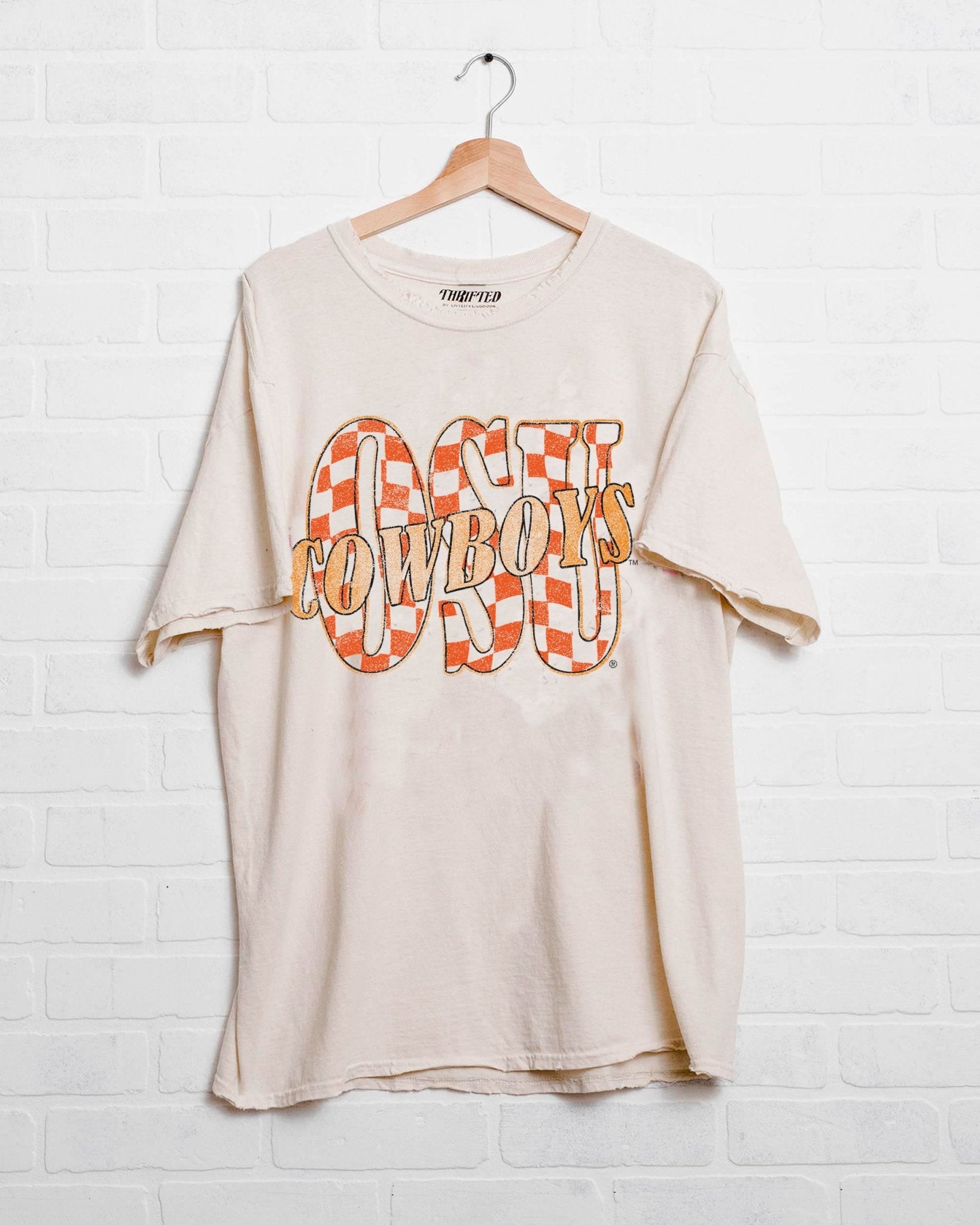 OSU Cowboys Twisted Check Off White Thrifted Tee - shoplivylu