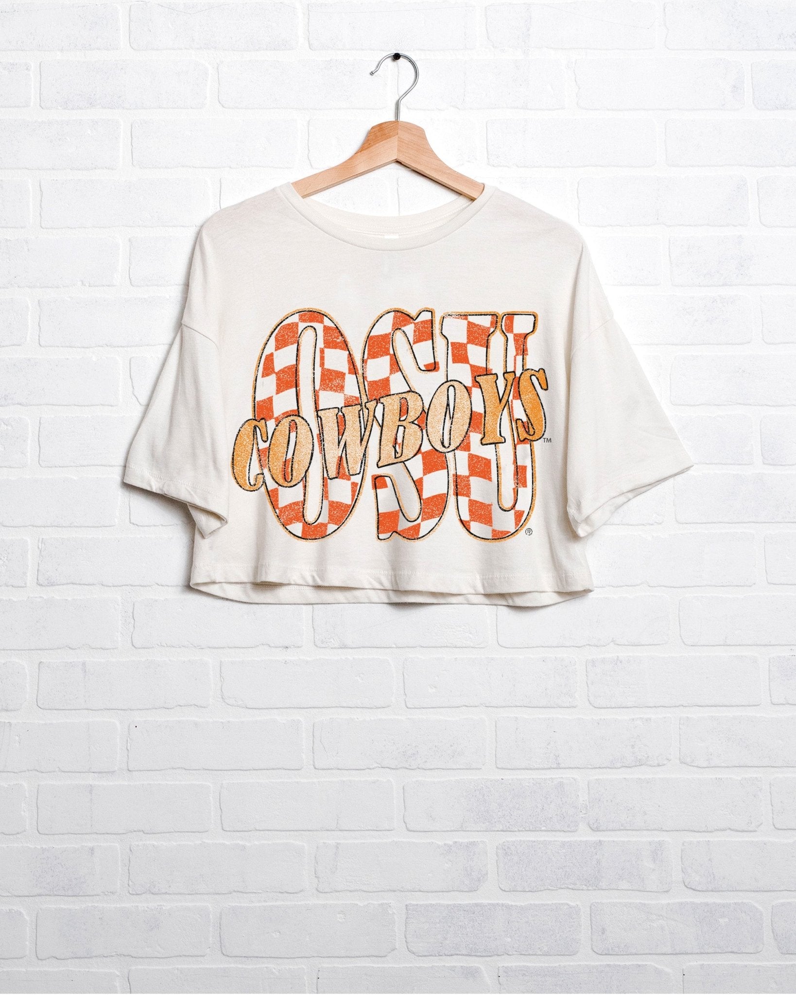 OSU Cowboys Twisted Check White Cropped Tee - shoplivylu