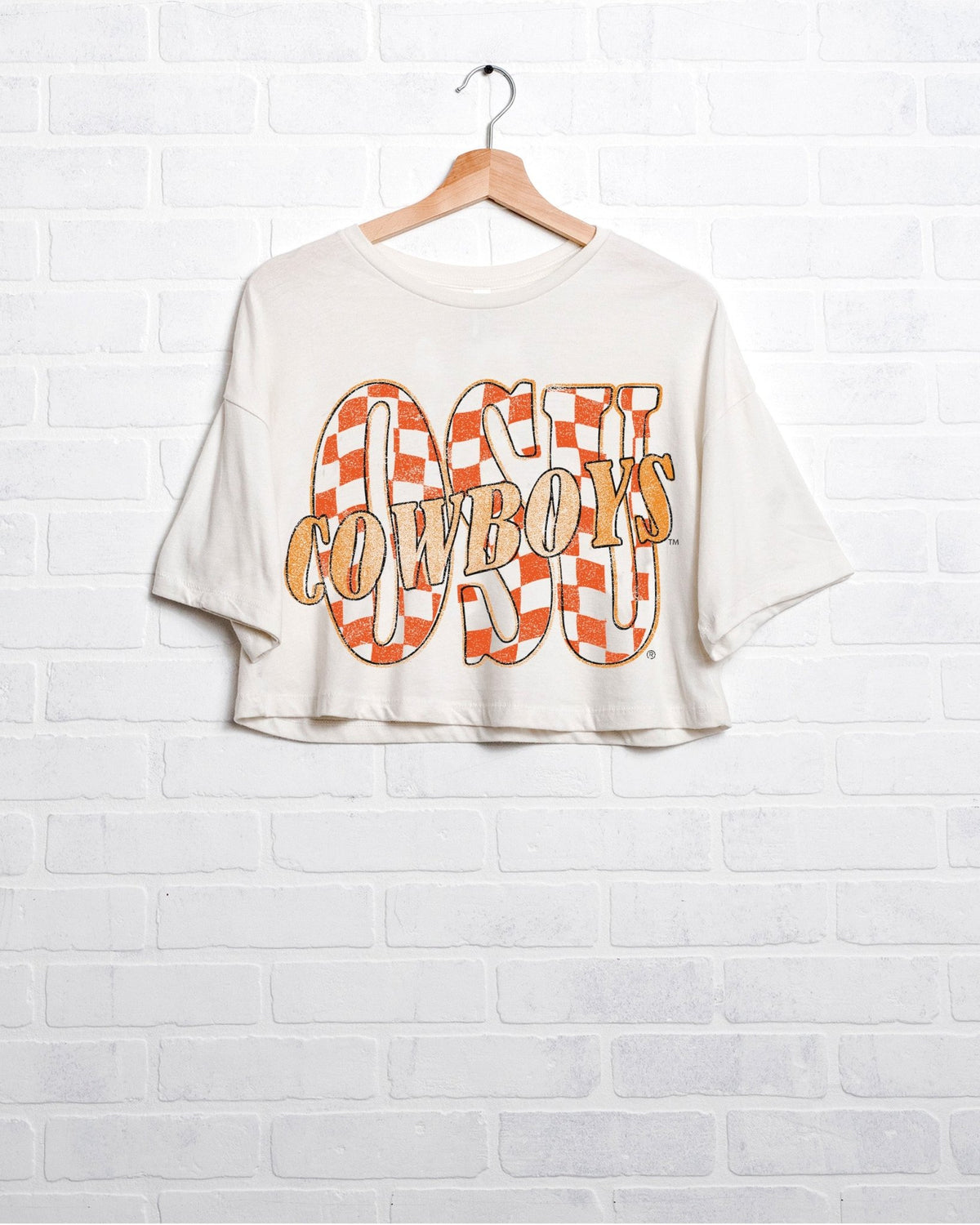 OSU Cowboys Twisted Check White Cropped Tee - shoplivylu