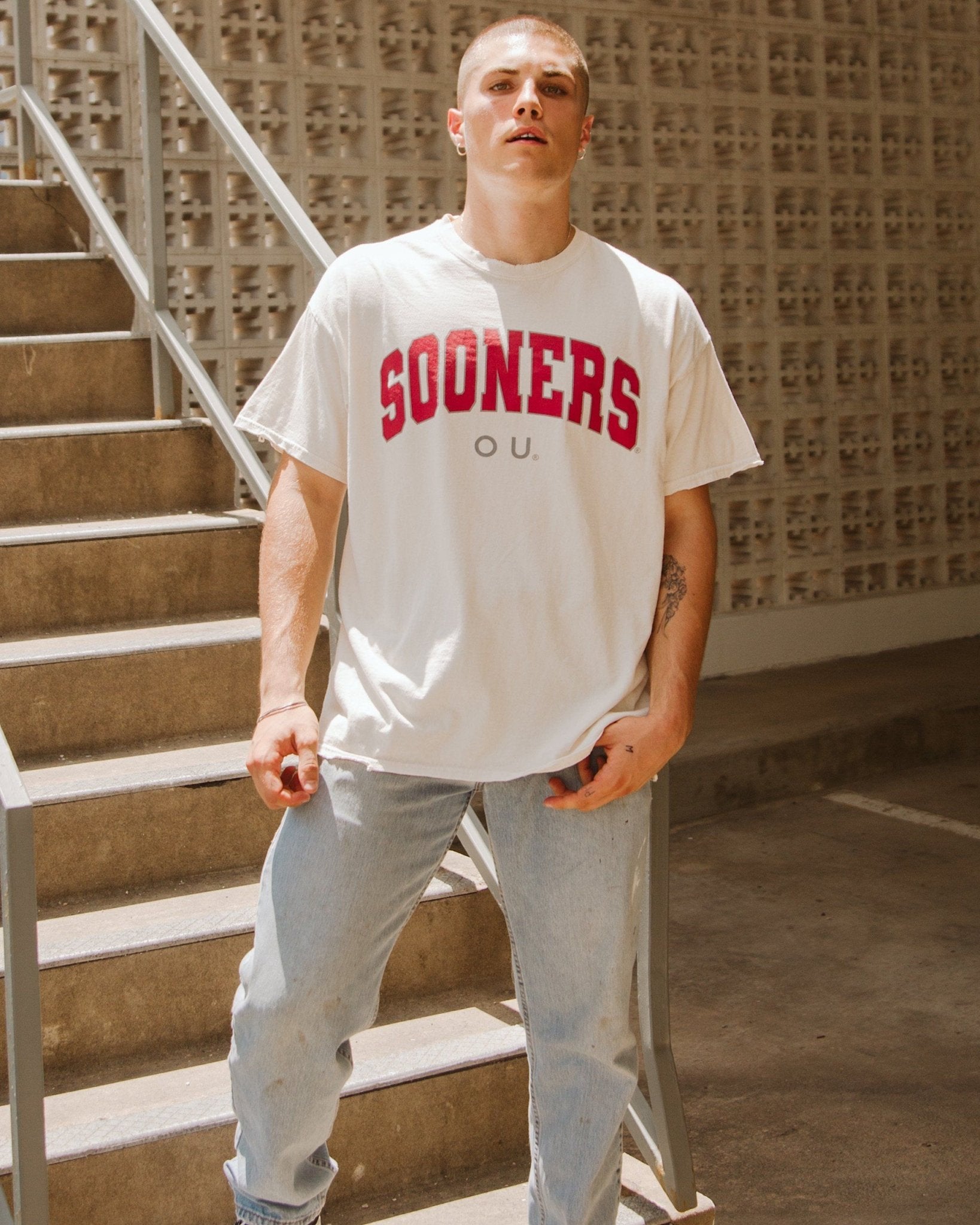 OU Filled Gault Off White Thrifted Tee - shoplivylu