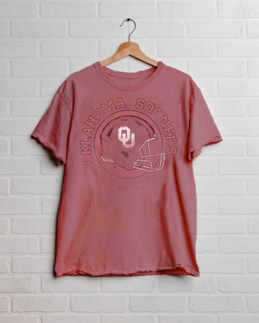 OU Sooners Helmet Circle Crimson Thrifted Tee - shoplivylu