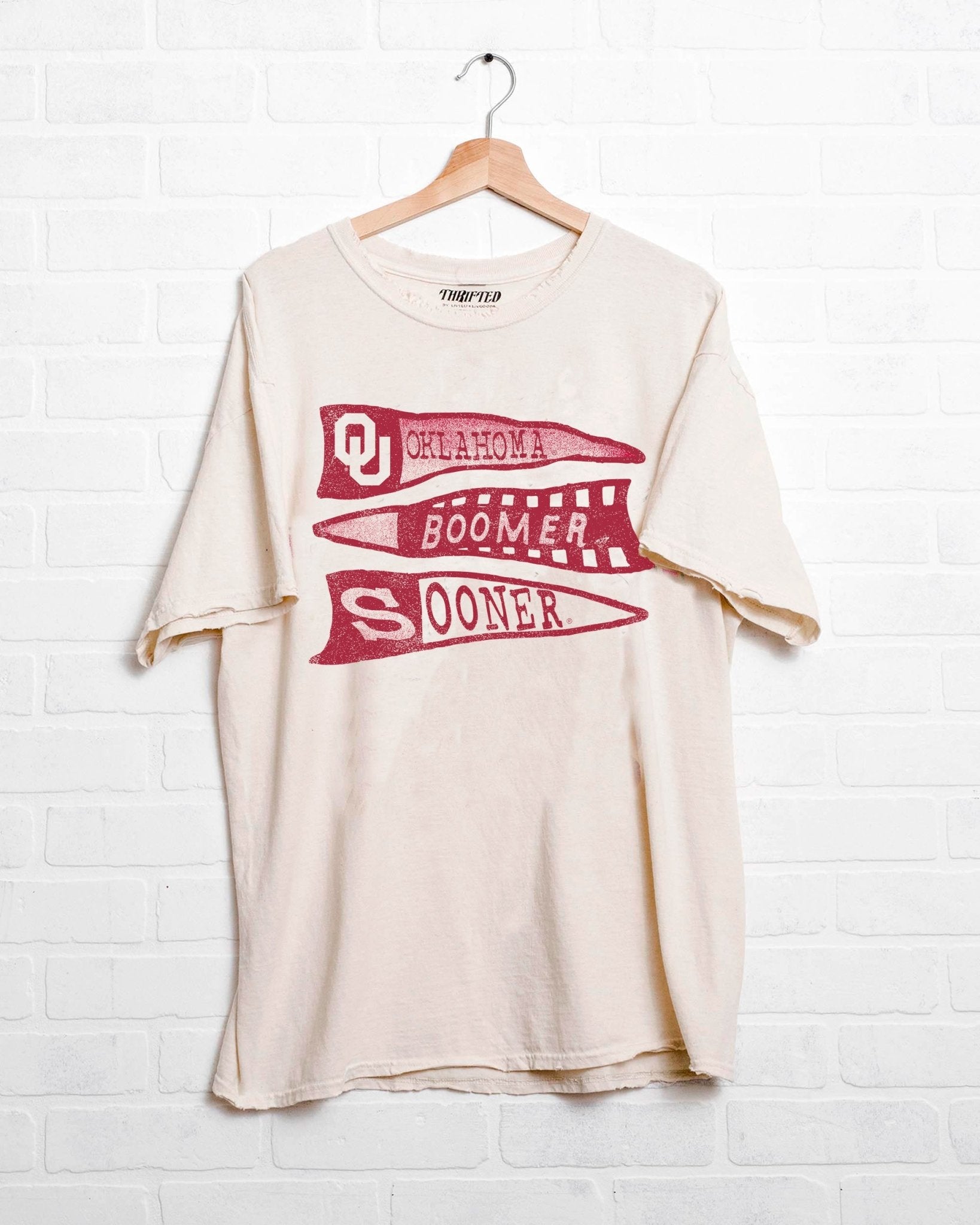 OU Sooners Pennant Off White Thrifted Tee - shoplivylu