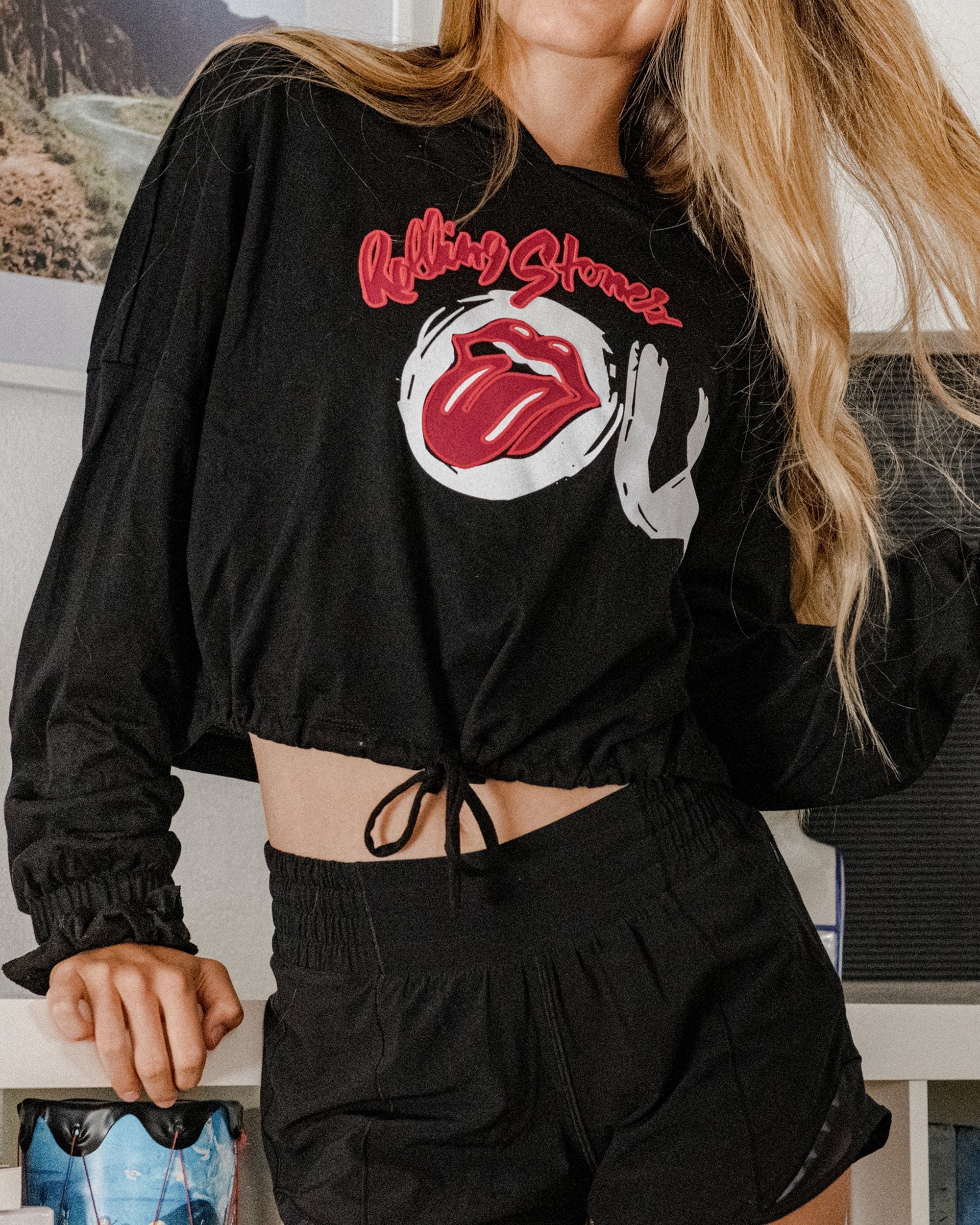 Rolling Stones OU Inside Lick Puff Ink Black Cinched Cropped Hoodie - shoplivylu